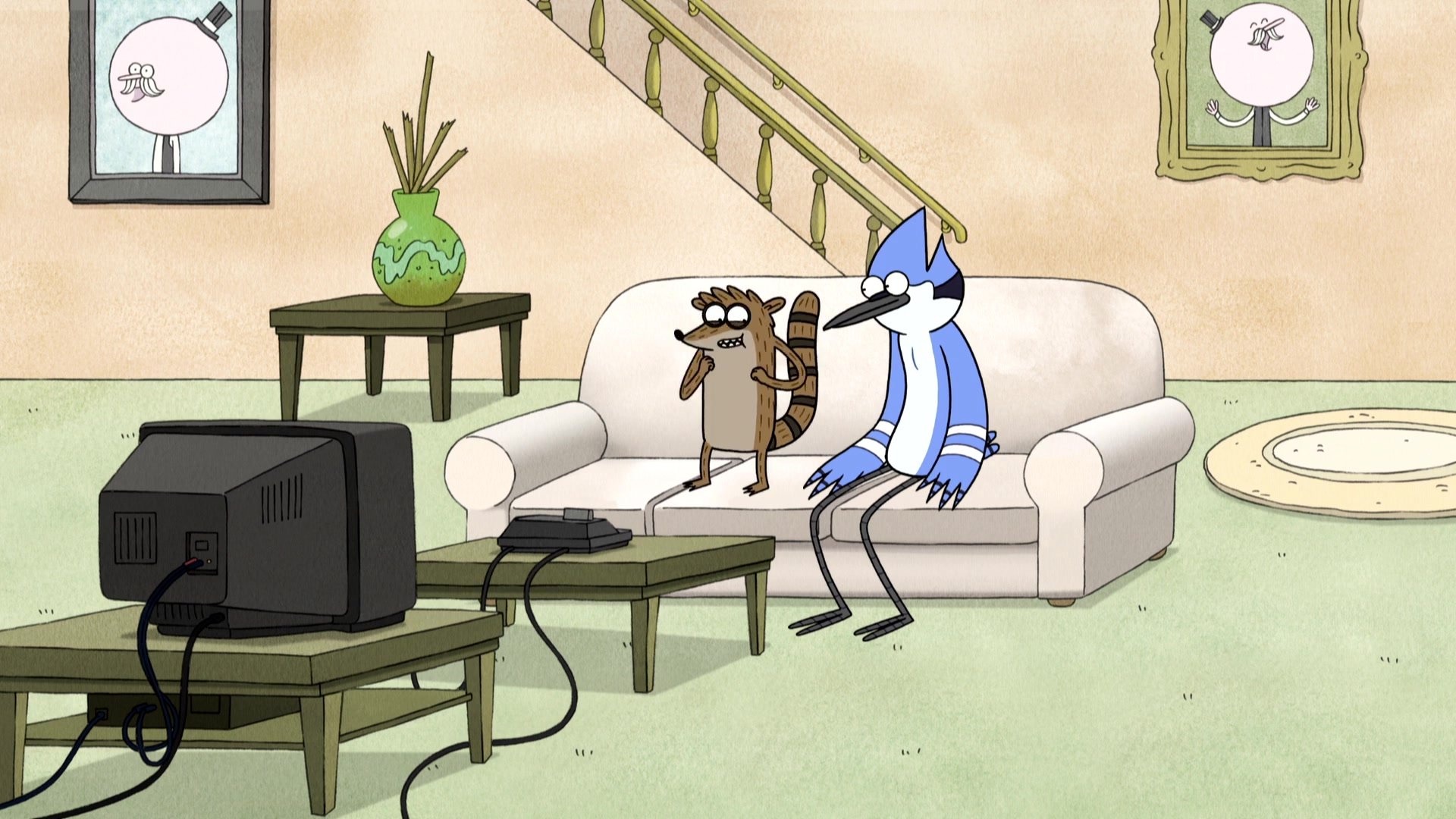 Mordecai on the couch, Rigby raccoon, Portraits of Pops on the wall, Old CRT television, Regular Show, Full HD Desktop wallpaper