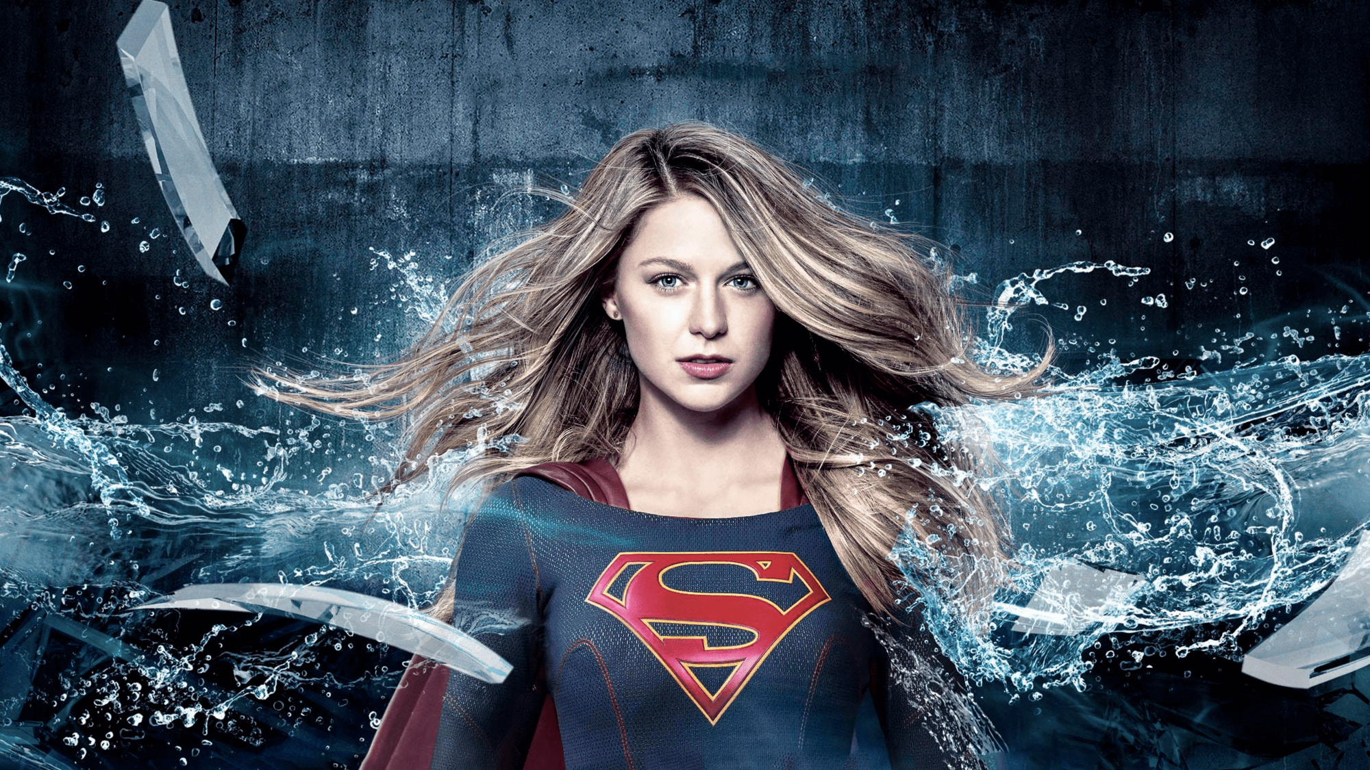 Melissa Benoist as Supergirl, House of El shield, Splashing water droplets, HD Desktop wallpaper