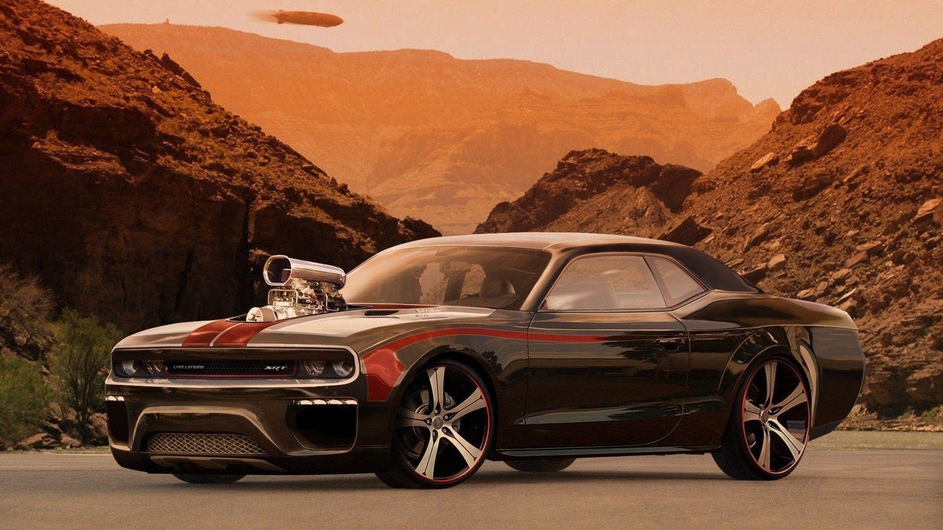 custom Dodge Challenger SRT, exposed chrome supercharger, desert canyon landscape, Full HD Desktop wallpaper