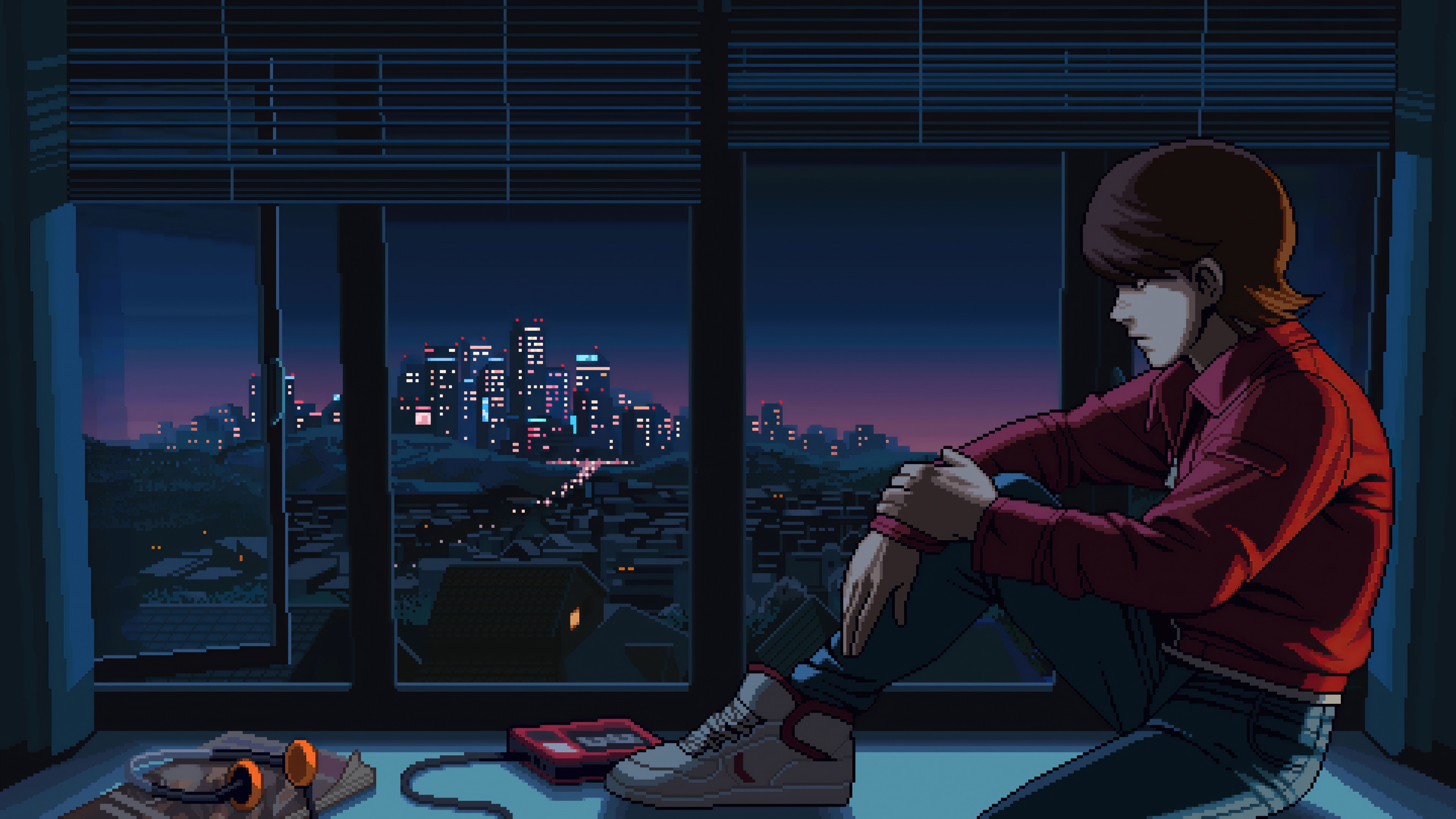 pixel art anime boy, vintage portable cassette player, illuminated night city skyline, 4K Desktop wallpaper