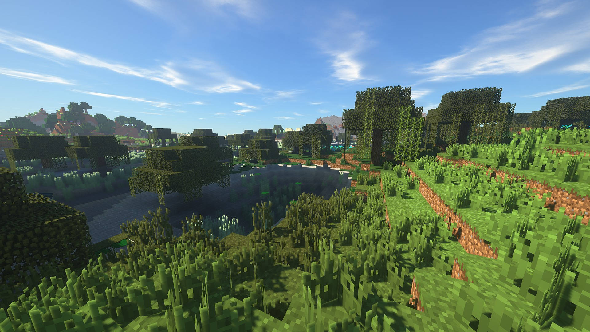 Minecraft swamp biome, swamp oak trees, realistic shader water, Full HD Desktop wallpaper