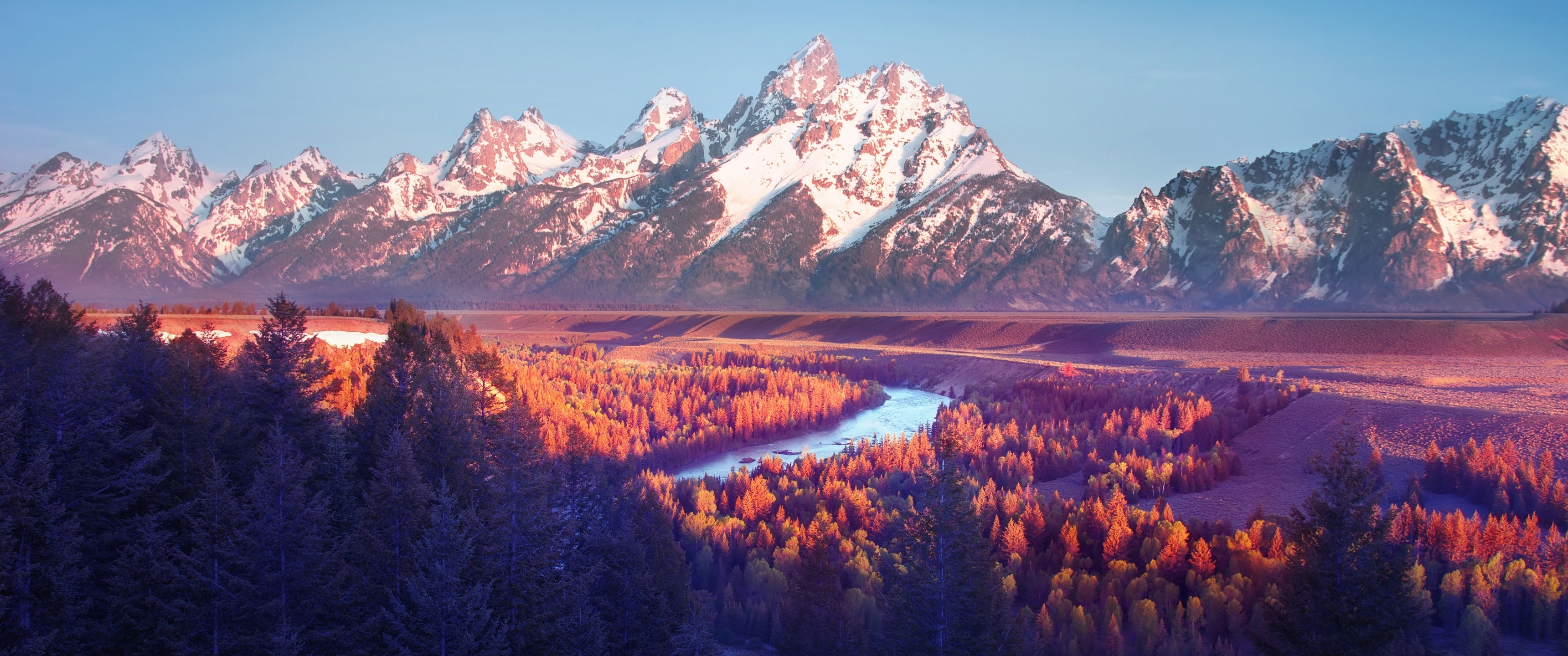 Snake River, Wyoming, USA, Sunrise, 3440x1440 Dual Screen Desktop