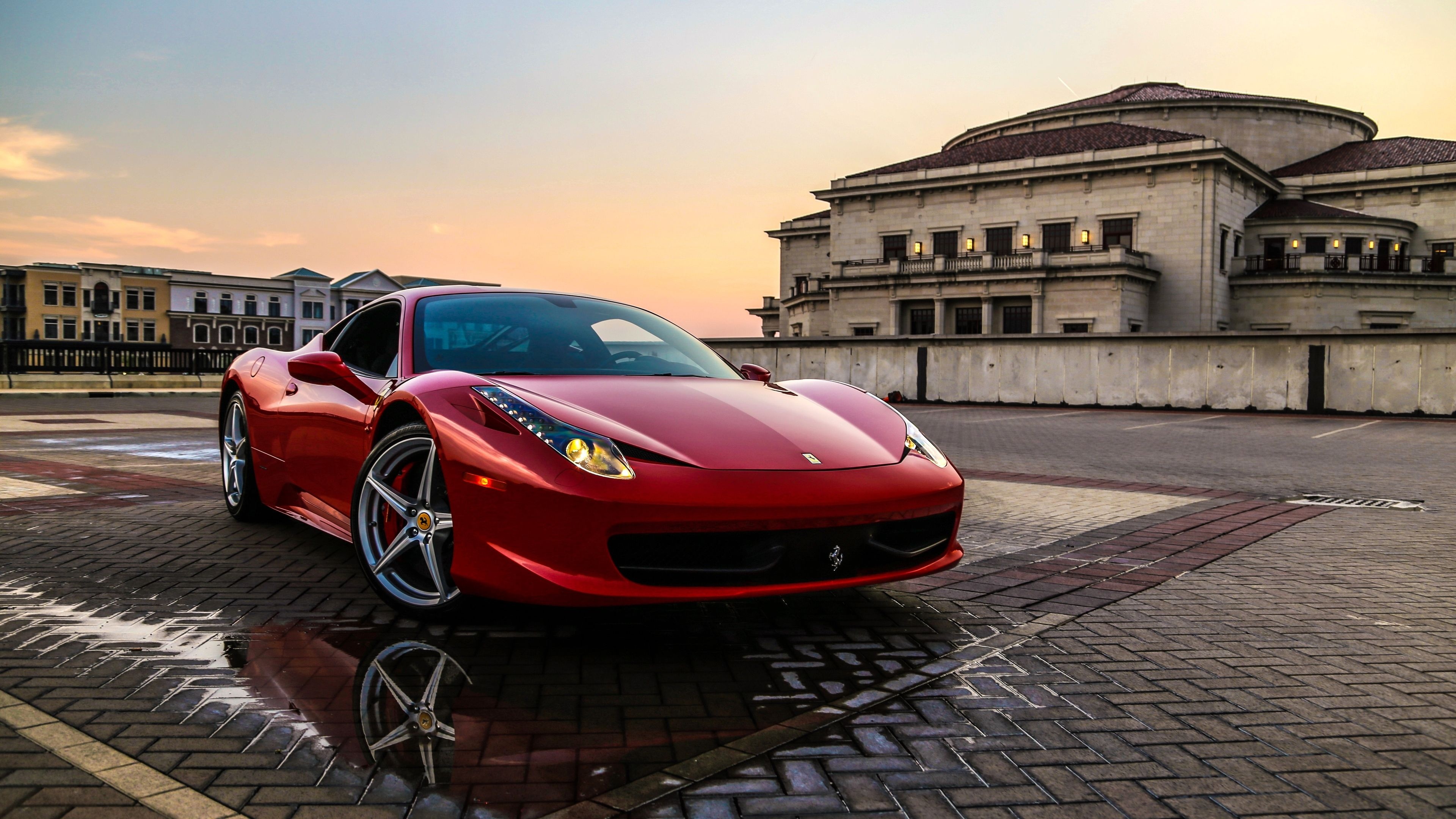 Ferrari 458 Italia, The Palladium in Carmel, puddle reflection on pavement, 4K Desktop wallpaper