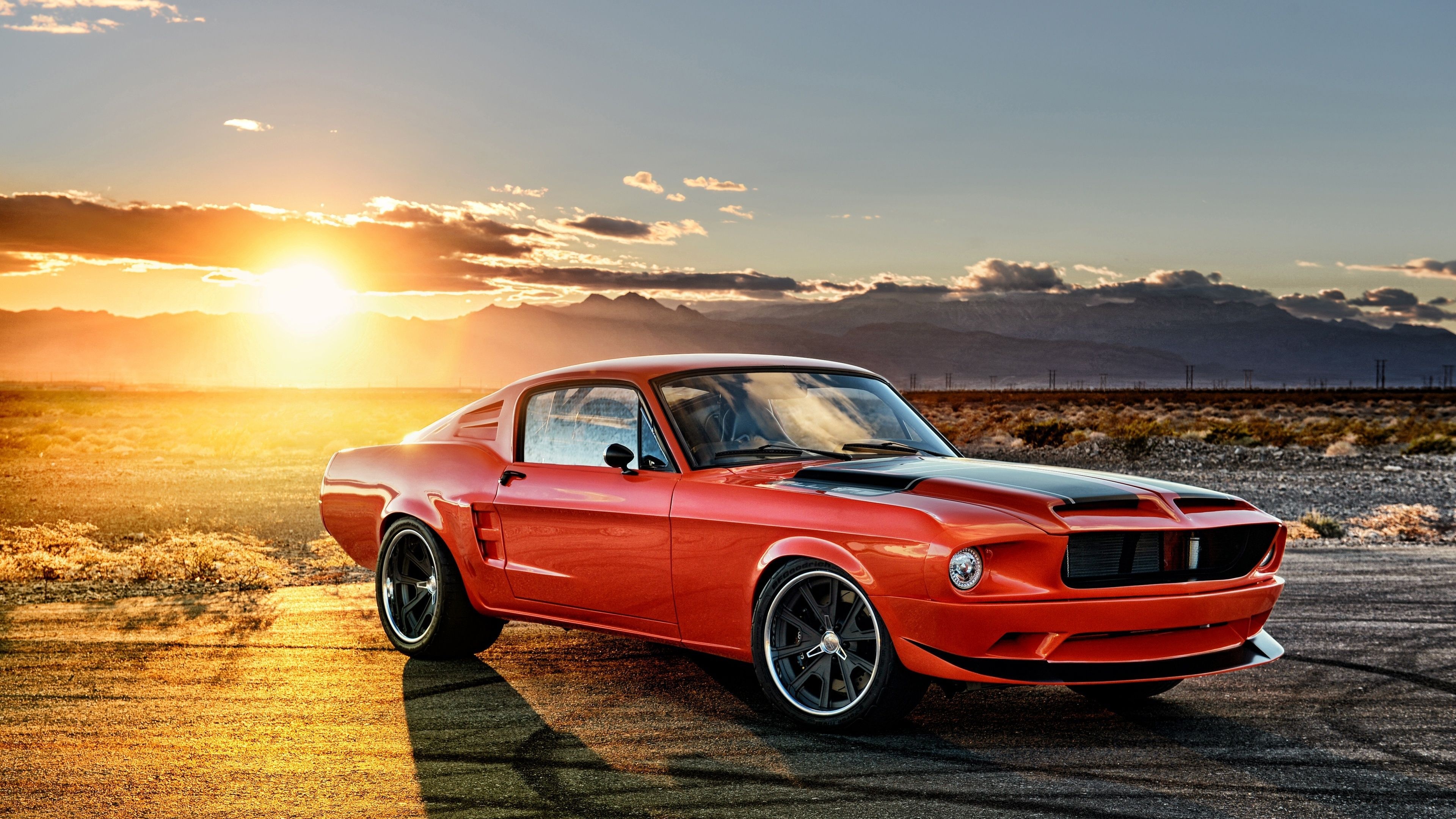 custom 1967 Ford Mustang, desert highway, golden hour sunset, 4K Desktop wallpaper
