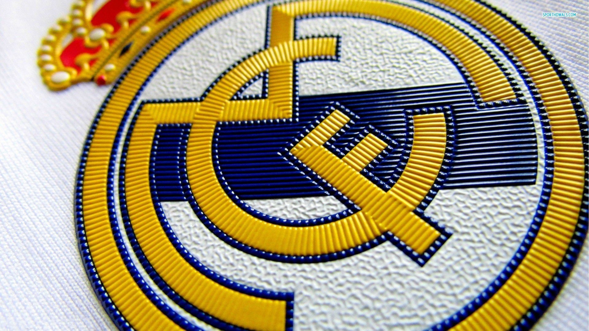 Real Madrid crest, textured football jersey fabric, royal crown detail, Full HD Desktop wallpaper