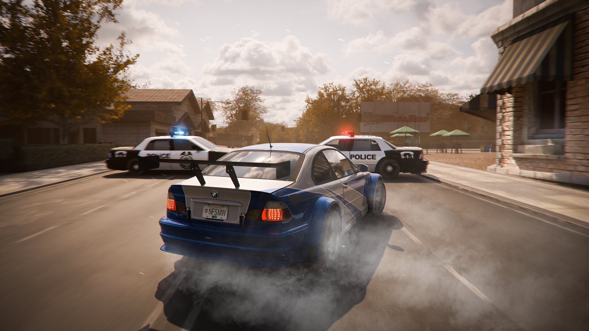 BMW M3 GTR E46, Ford Crown Victoria police cruiser, NFSMW license plate, Full HD Desktop wallpaper