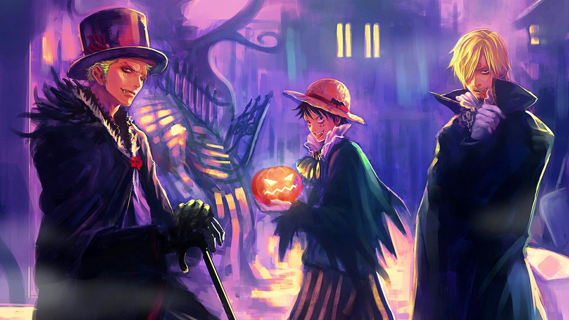 Sanji, Roronoa Zoro, Monkey D. Luffy, jack-o'-lantern, Full HD Desktop wallpaper