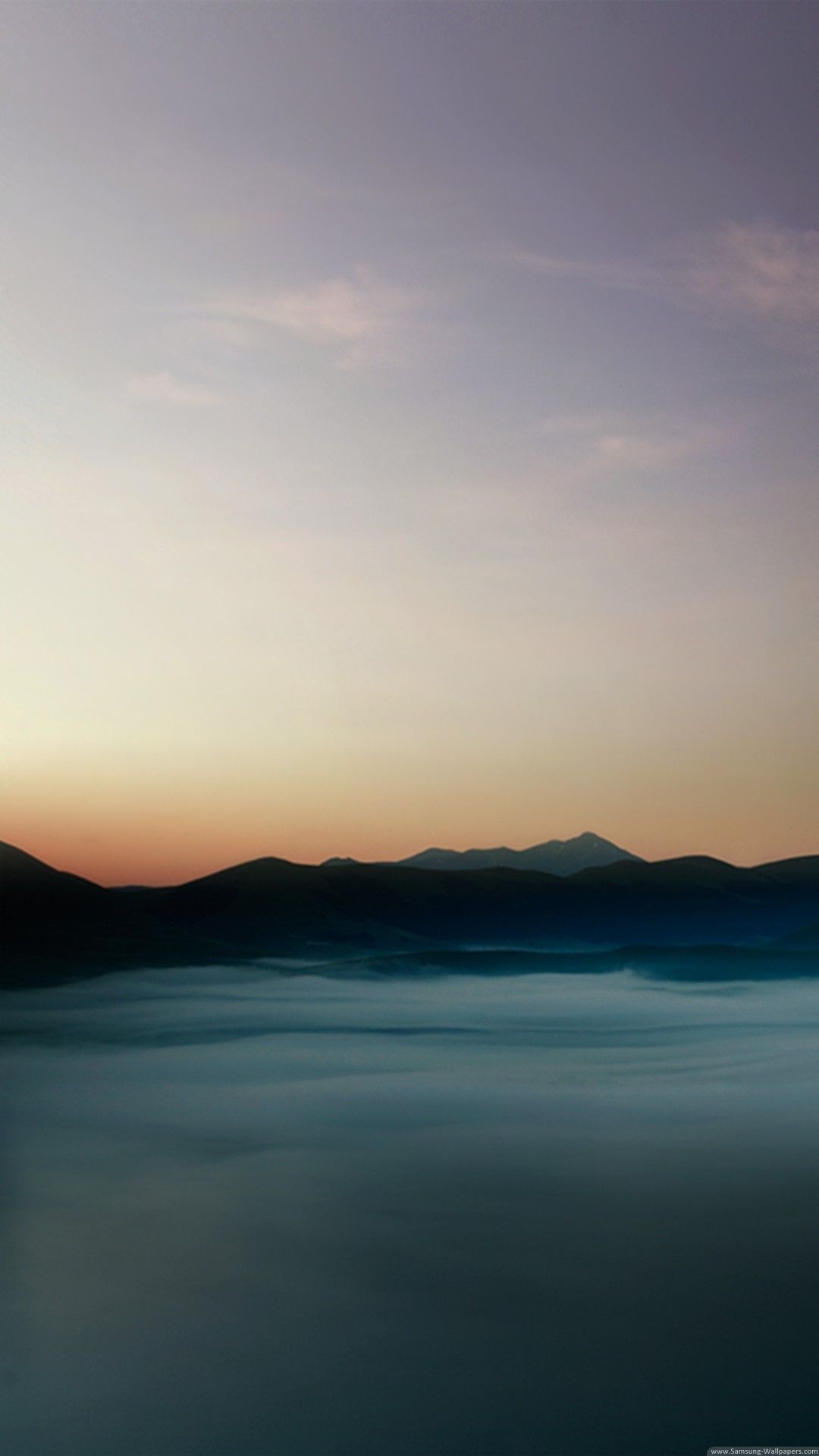 low-lying valley fog, silhouetted mountain ridges, dusk gradient sky, Full HD Phone wallpaper
