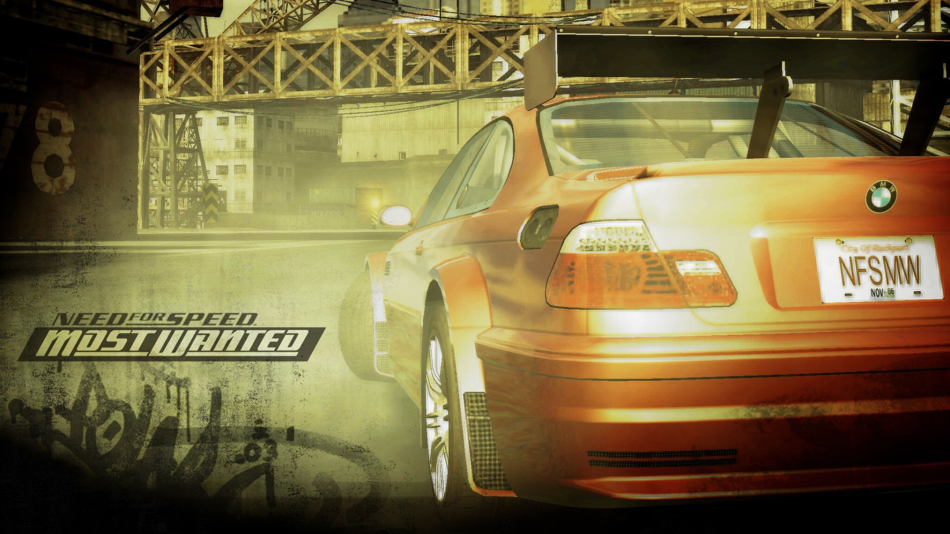 BMW M3 GTR E46, Need for Speed Most Wanted logo, overhead steel truss bridge, Full HD Desktop wallpaper