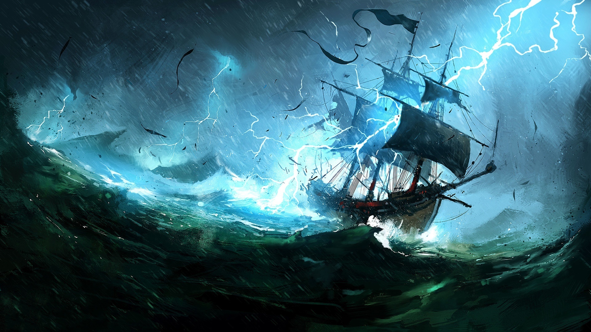 Galleon in lightning storm, Blue lightning bolt strike, Rough churning sea waves, Full HD Desktop wallpaper