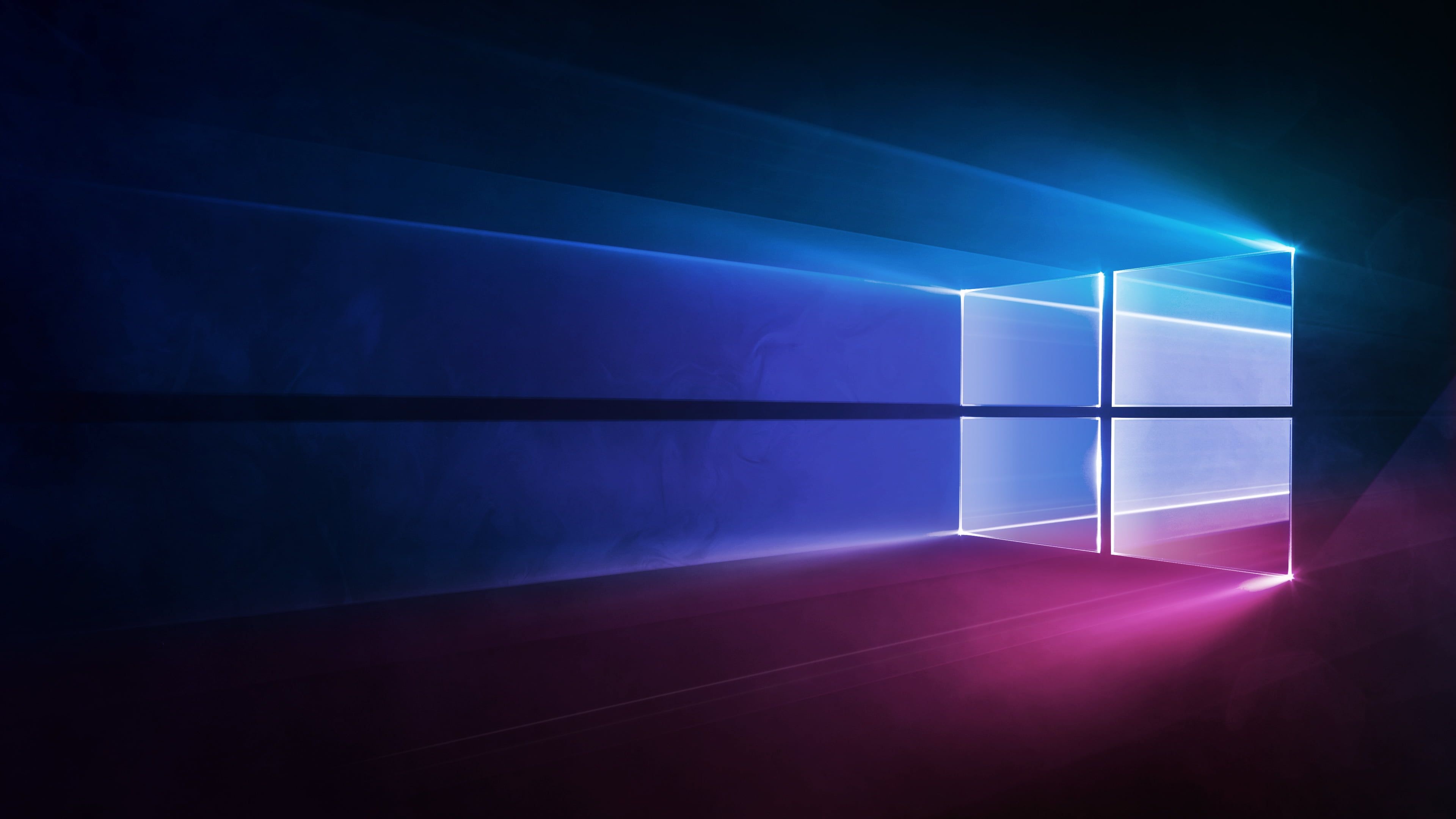 Windows 10 Hero logo, volumetric light beams, magenta and blue lighting, 4K Desktop wallpaper