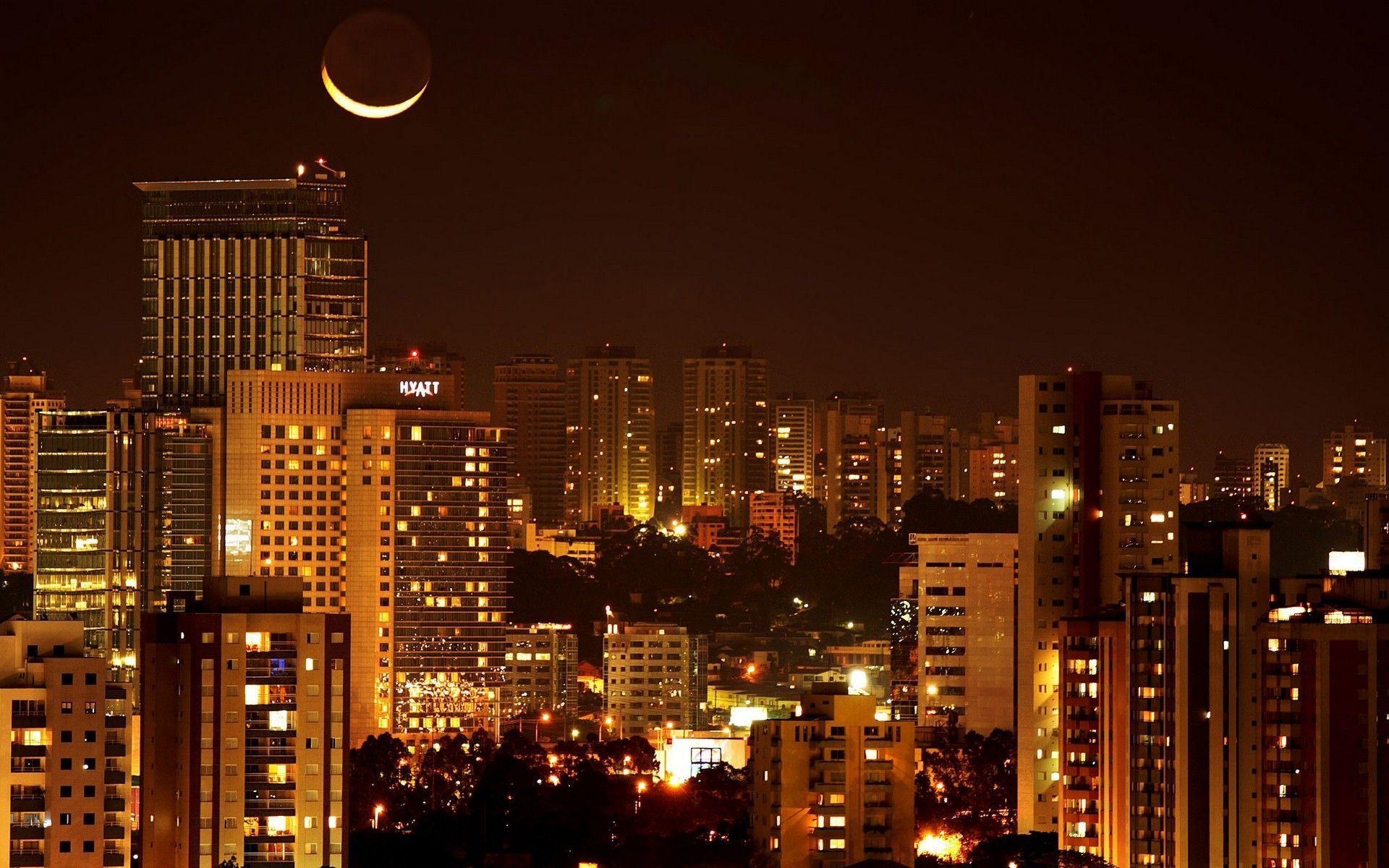 illuminated Hyatt hotel, glowing crescent moon, night urban skyline, HD Desktop wallpaper