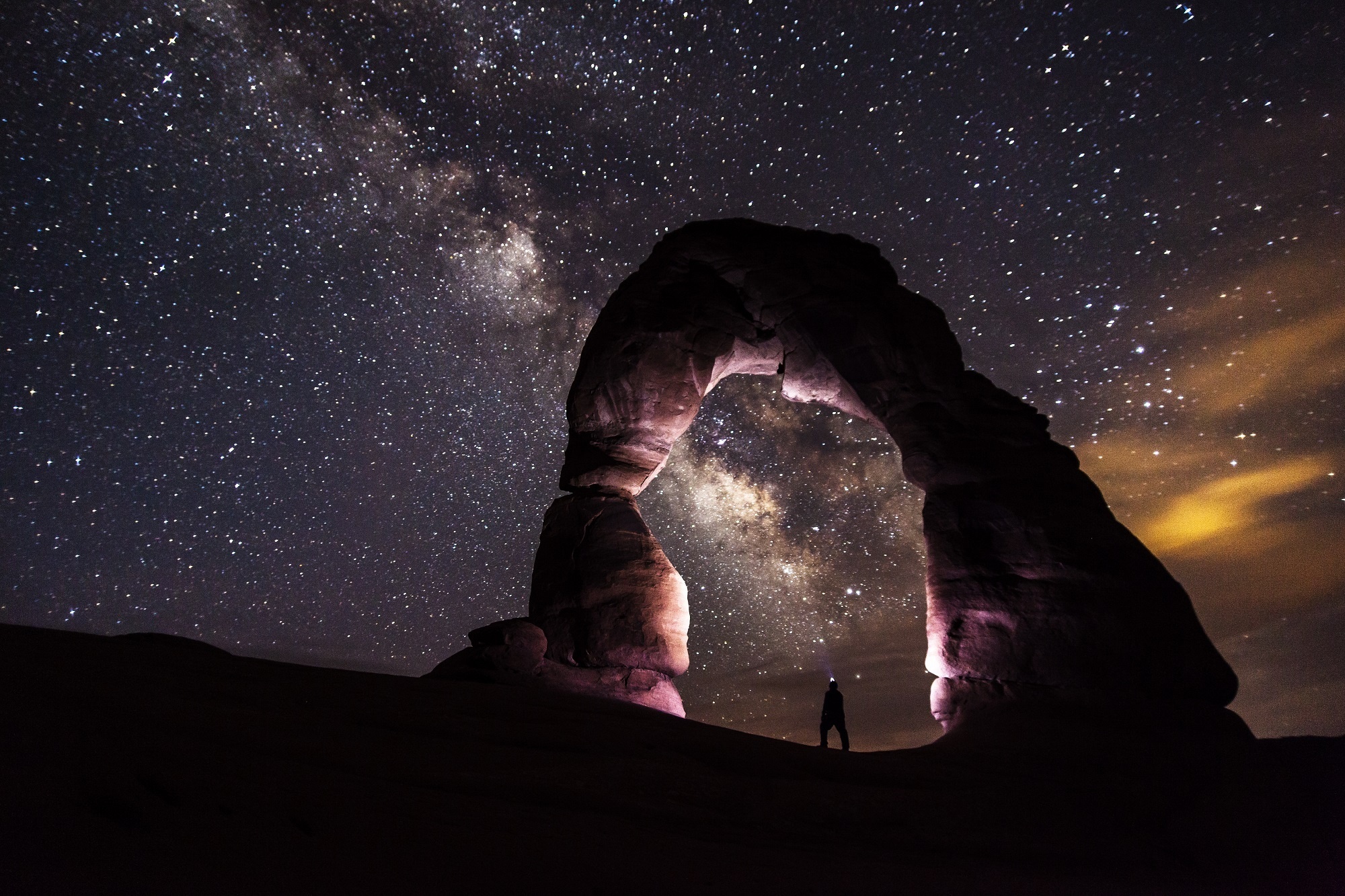 Delicate Arch, Milky Way galaxy, stargazer silhouette, HD Desktop wallpaper