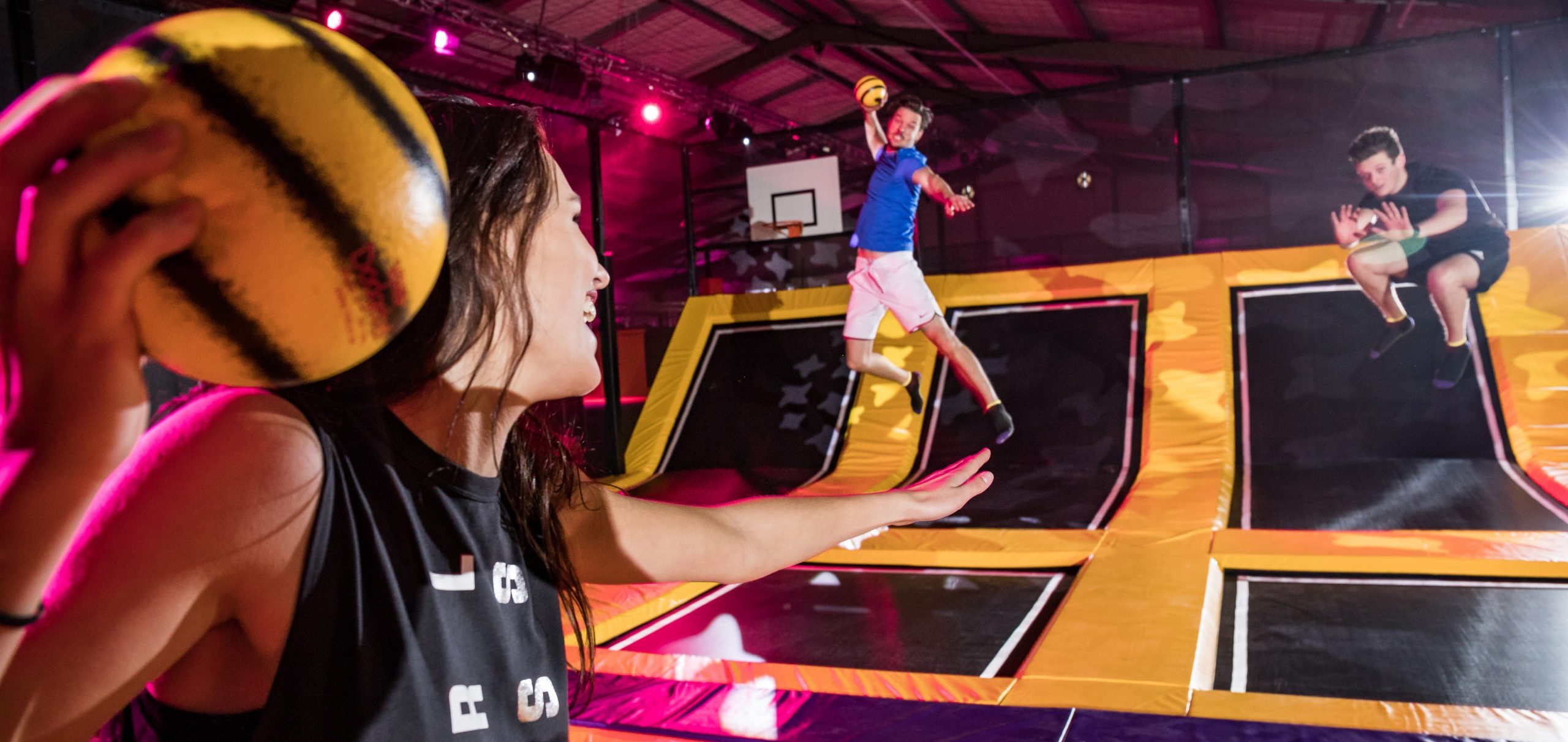 Trampoline park dodgeball, Bouncing battles, Gravity-defying throws, Trampoline acrobatics, 2560x1220 Dual Screen Desktop