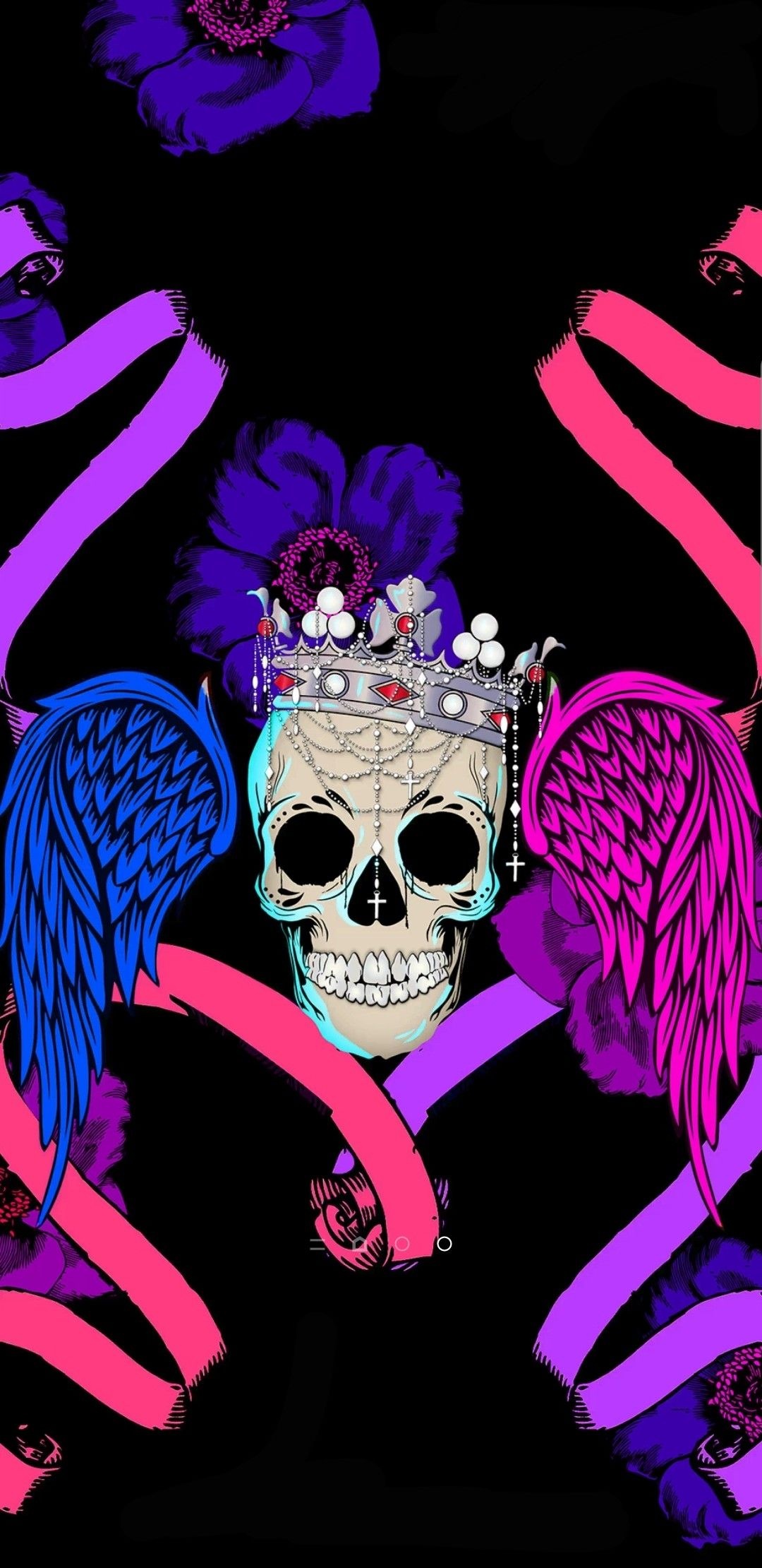 Skull in jewelled crown, Blue pink angel wings, Purple anemone blooms, Pink ribbon streamers, HD Phone wallpaper