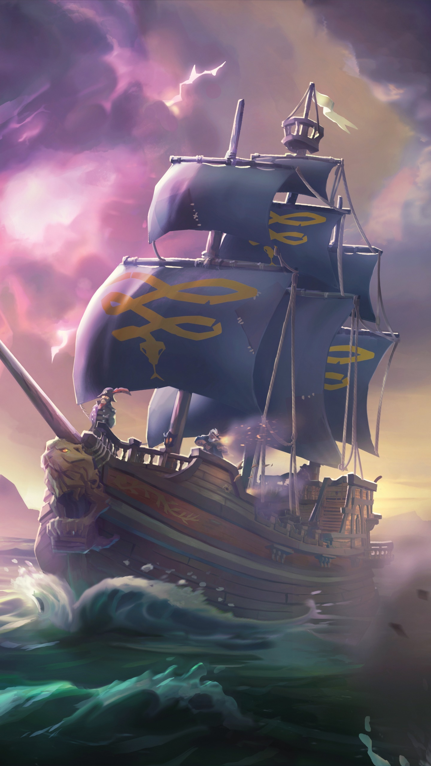 Sea of Thieves galleon, Golden lion figurehead, Purple storm sky, HD Phone wallpaper