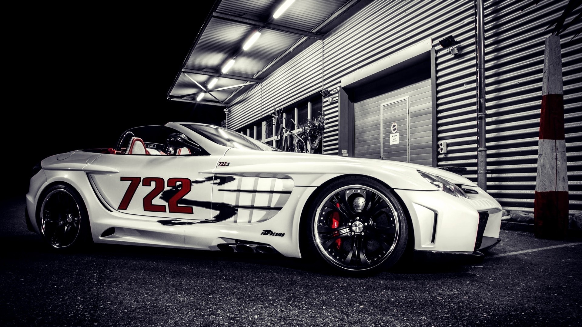 FAB Design Mercedes-Benz SLR McLaren, 722 graphic livery, corrugated metal warehouse, Full HD Desktop wallpaper