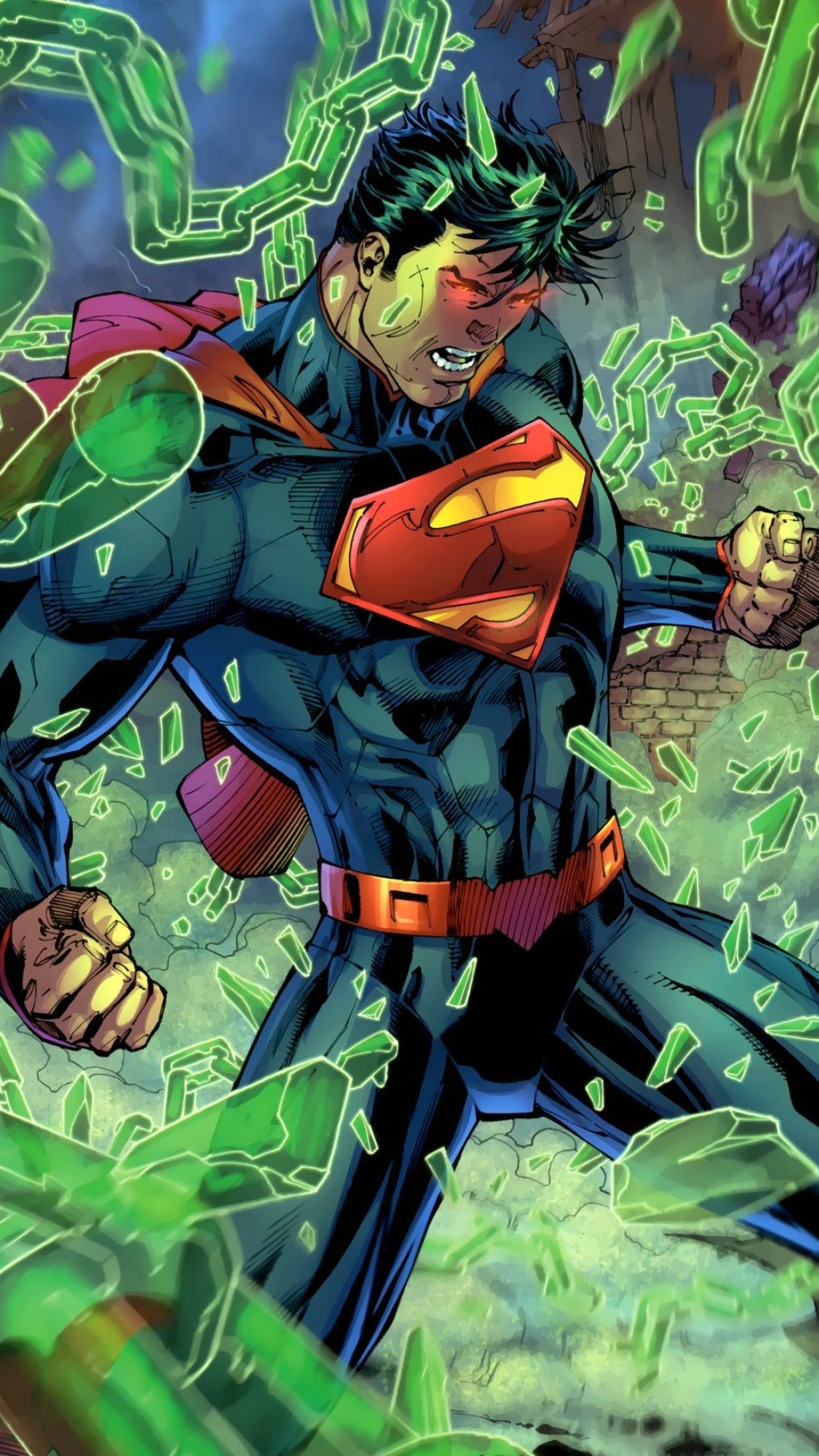 New 52 Superman, Shattered Kryptonite chains, Glowing red heat vision, Full HD Phone wallpaper