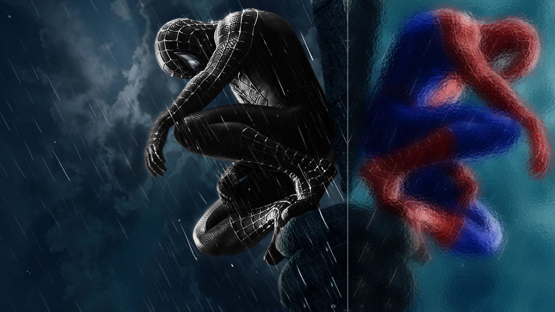 Black suit Spider-Man, Red and blue Spider-Man reflection, Rainy glass surface, Full HD Desktop wallpaper