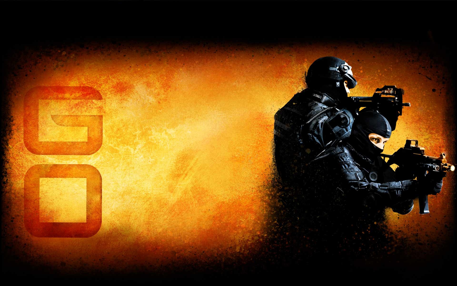 Counter-Strike CT operatives, FN P90 submachine gun, stylized GO emblem, HD Desktop wallpaper