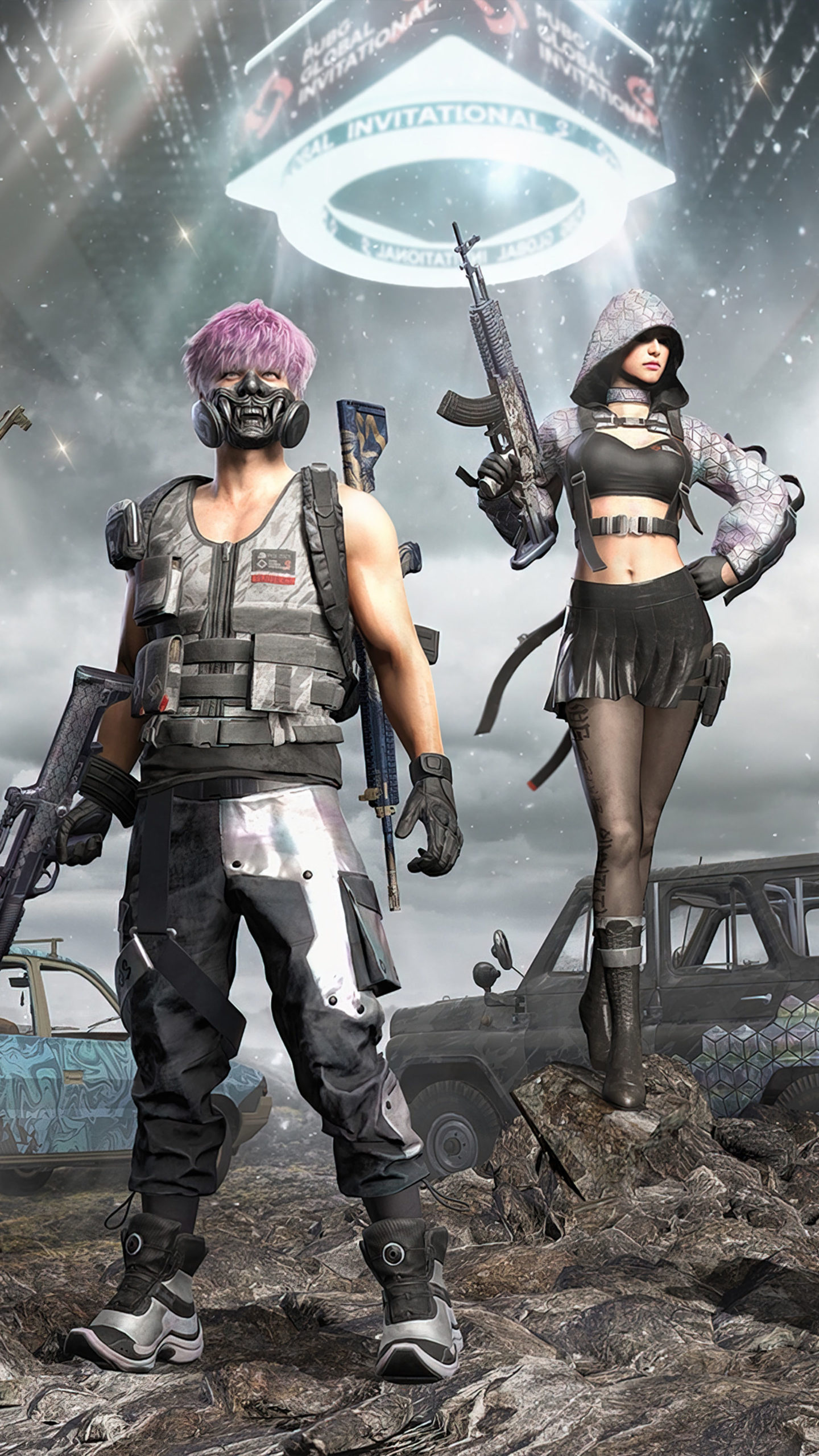 PUBG Global Invitational.S, tactical oni mask skin, hooded female PUBG character, PUBG UAZ vehicle, HD Phone wallpaper