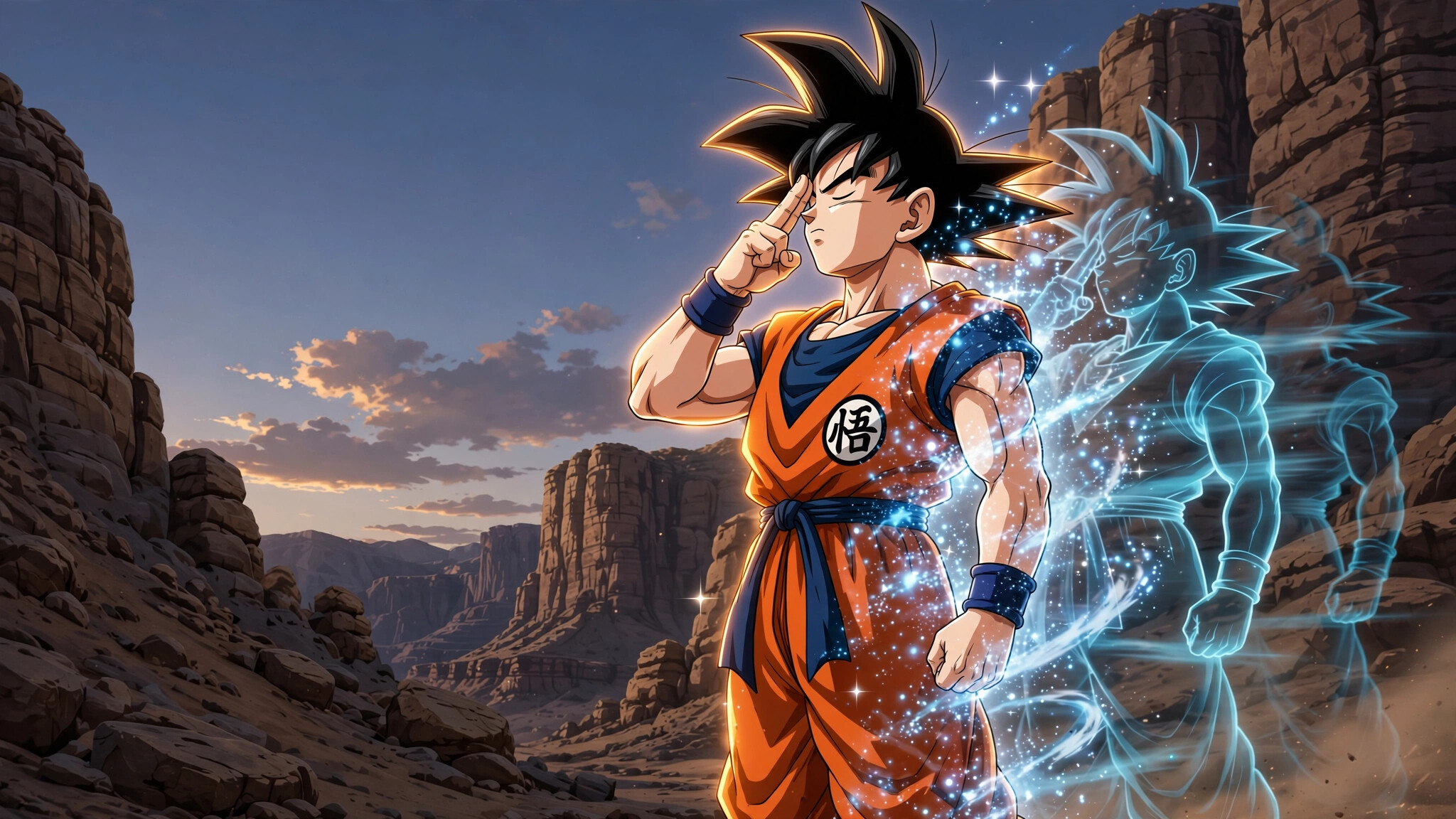 Goku, Instant Transmission, Two fingers to forehead, Fading after-image, Canyon at dusk, Dragon Ball Z, HD Desktop wallpaper