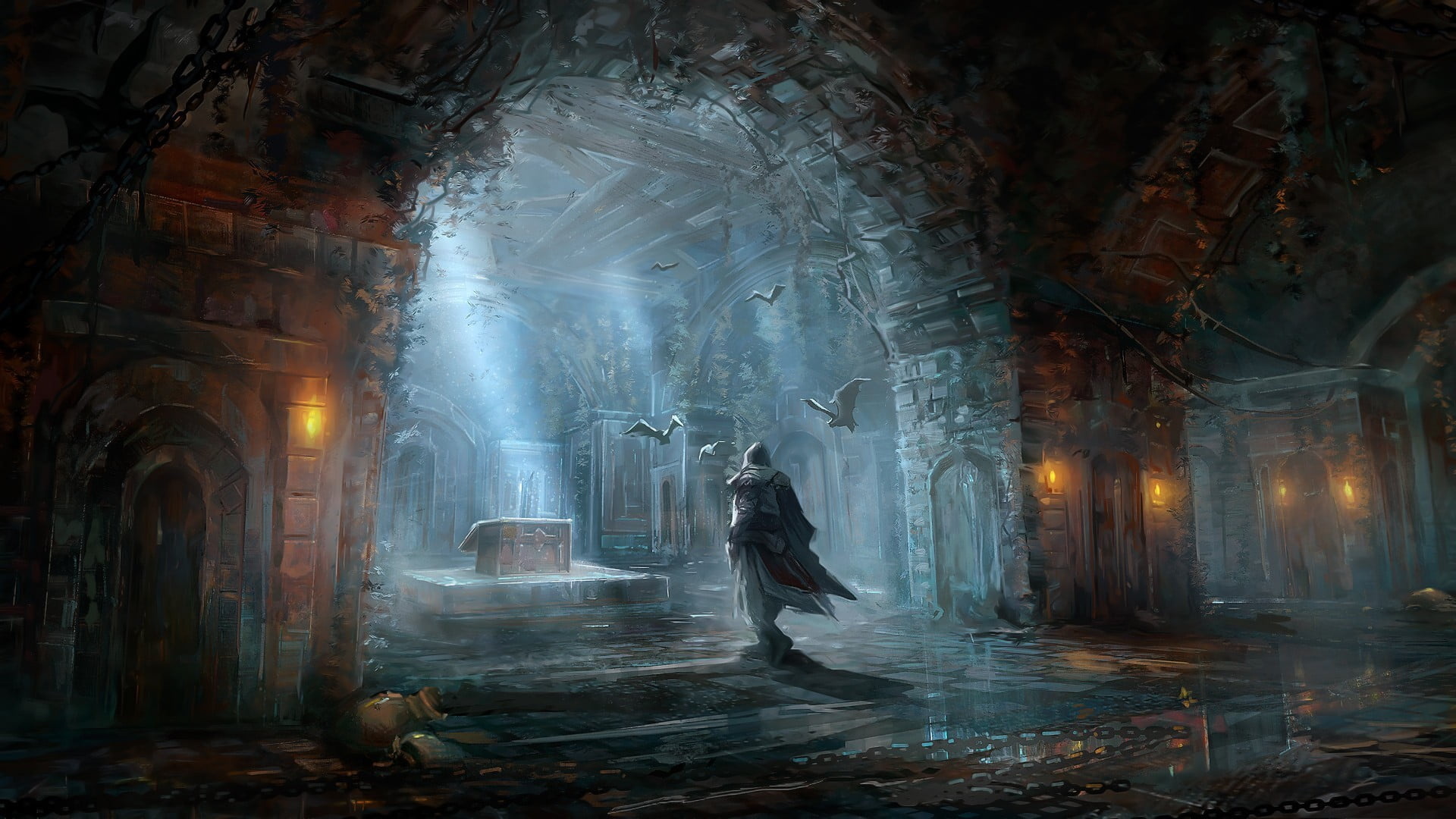 Ezio Auditore da Firenze, Assassin's Creed II tomb, Ancient underground stone crypt, Full HD Desktop wallpaper