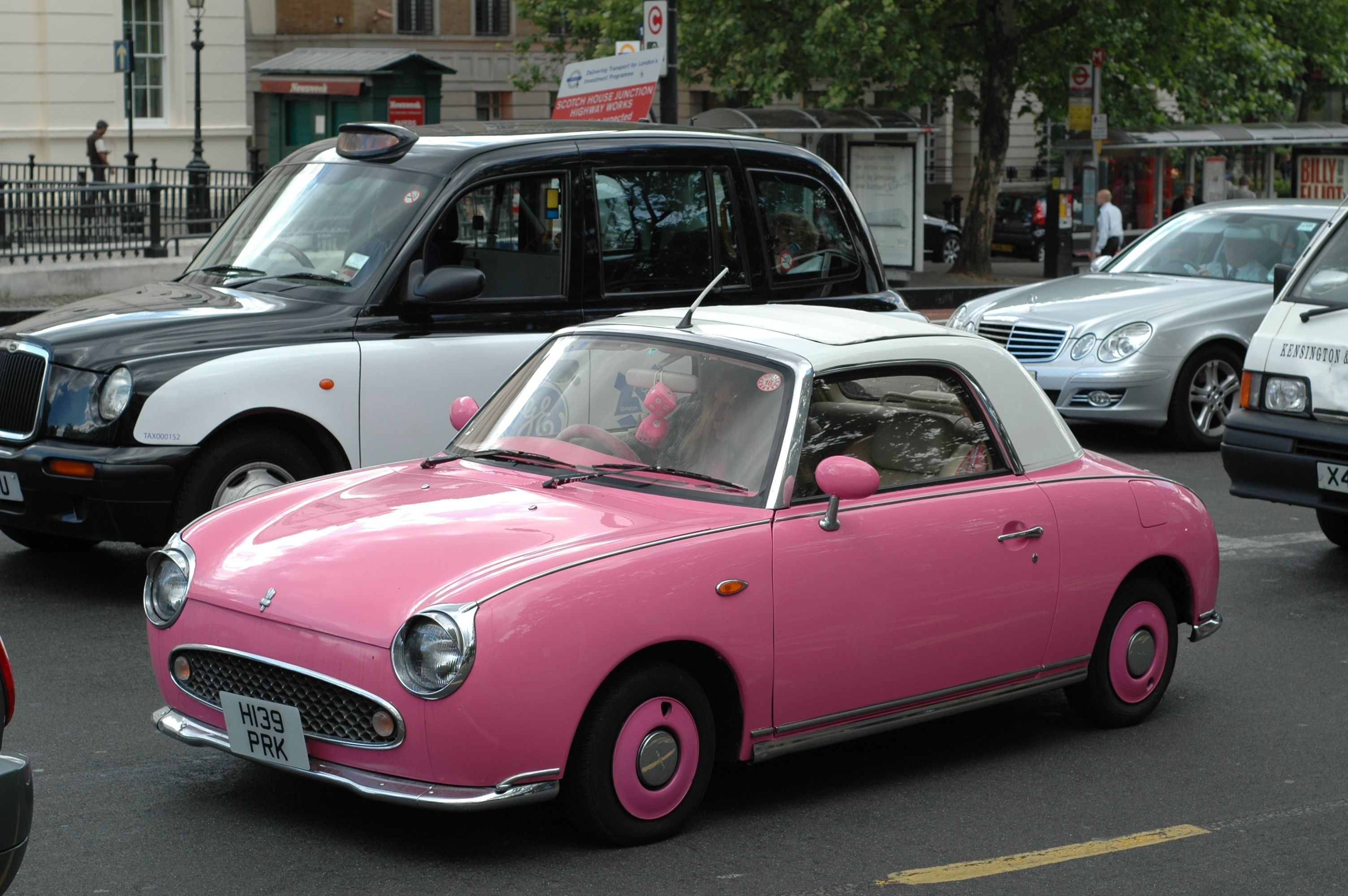 pink Nissan Figaro, London black cab, Mercedes-Benz E-Class, HD Desktop wallpaper