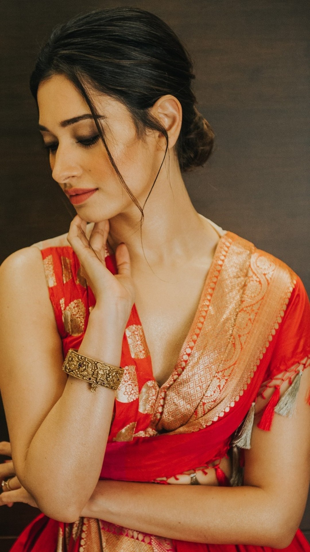 Tamannaah Bhatia, Red Banarasi saree, Antique gold cuff bracelet, Full HD Phone wallpaper