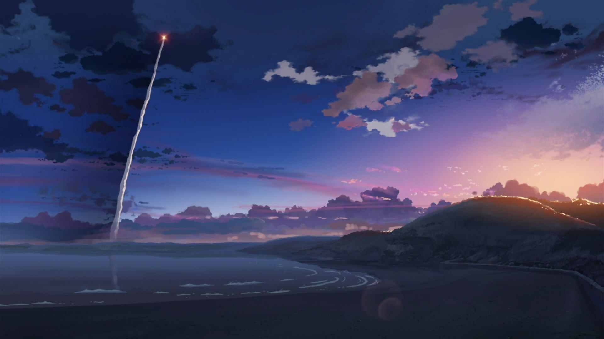 5 Centimeters per Second, Tanegashima rocket launch, Twilight evening coastline, Full HD Desktop wallpaper