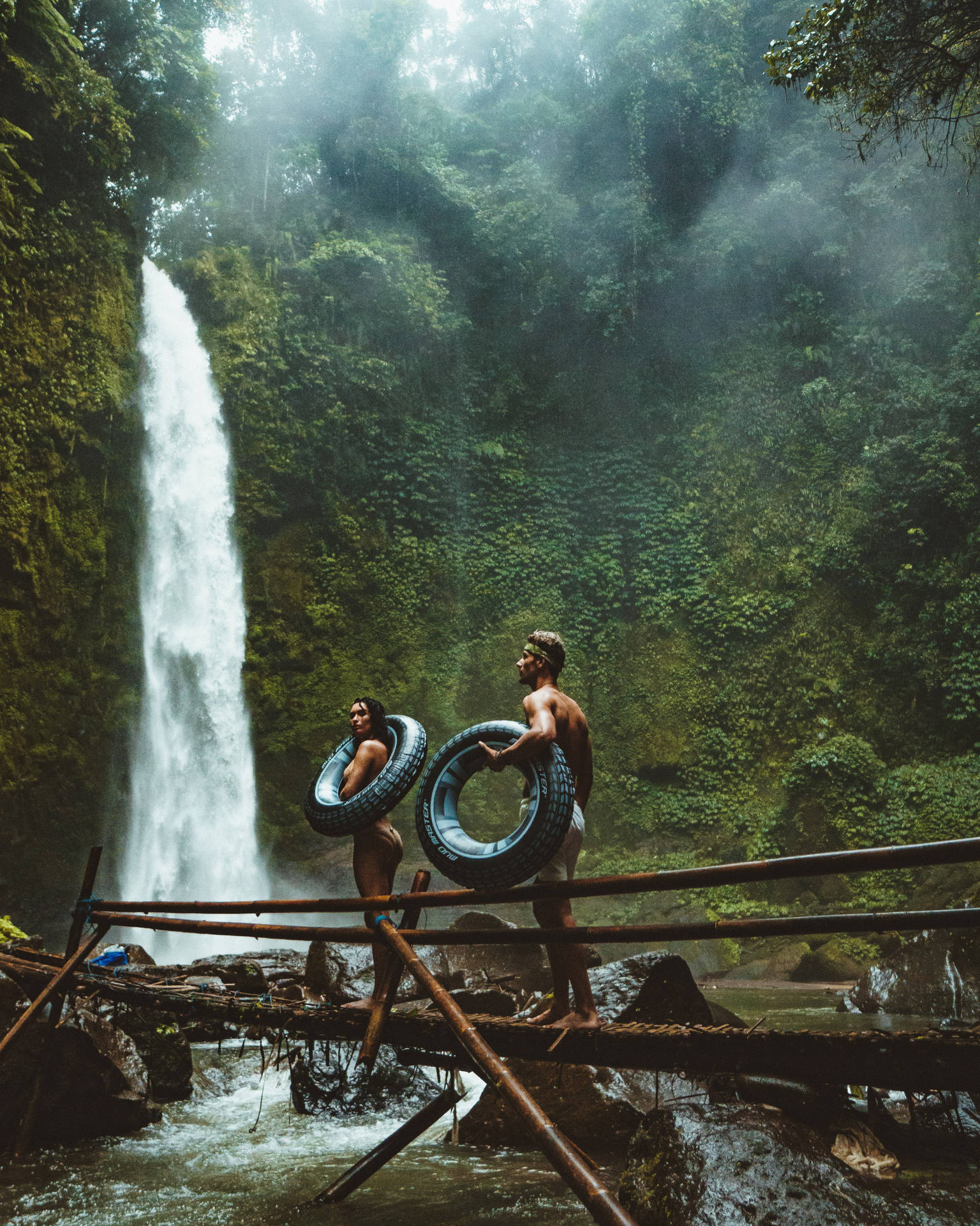 Vacation Couple At Waterfall Wallpaper 1540x1920