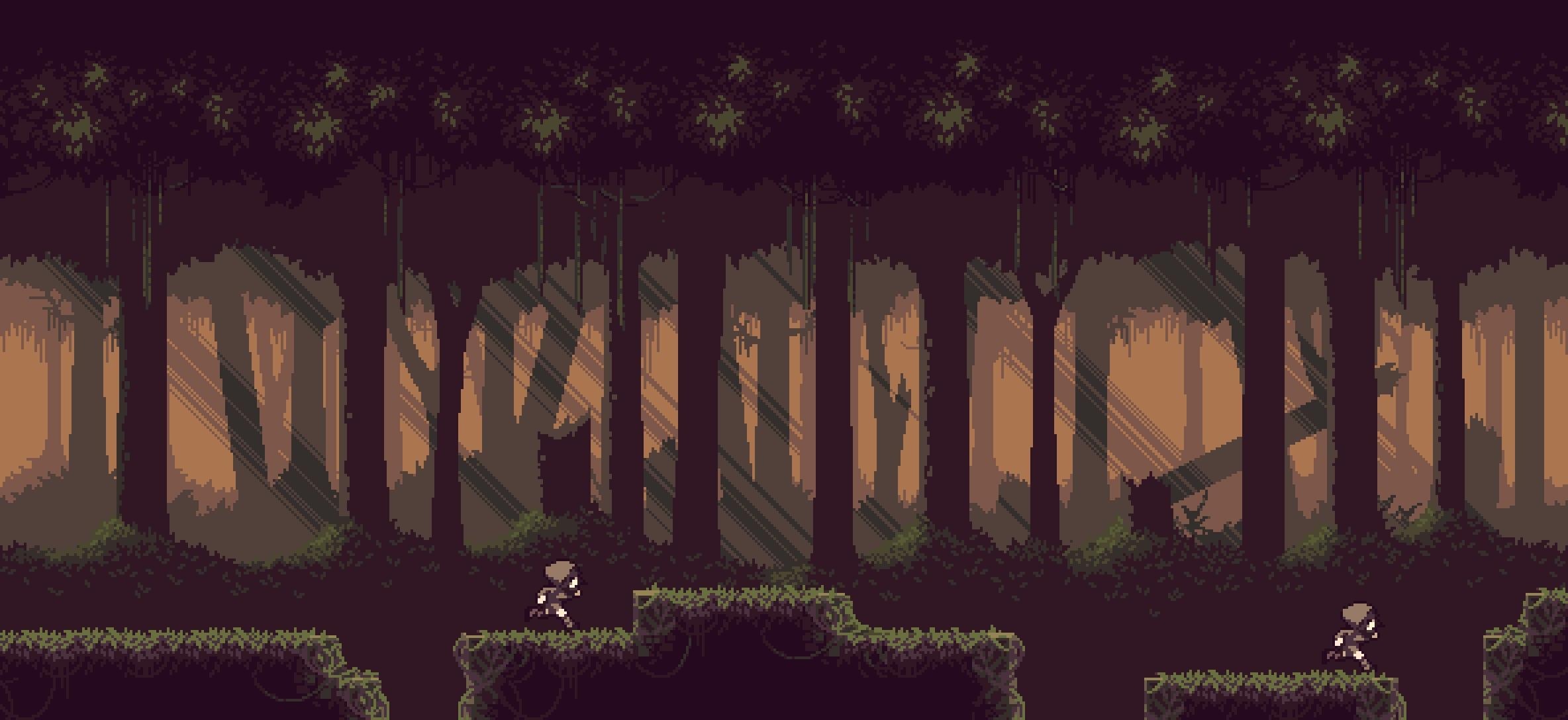running pixel art character, dense pixel art forest, mossy platformer terrain, Dual Screen Desktop wallpaper