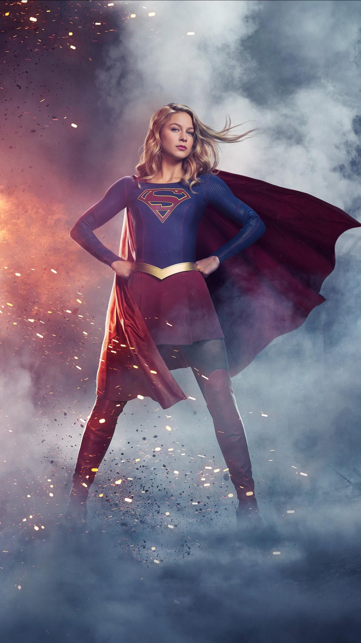 Melissa Benoist as Supergirl, Supergirl costume with cape, Flying embers and smoke, HD Phone wallpaper