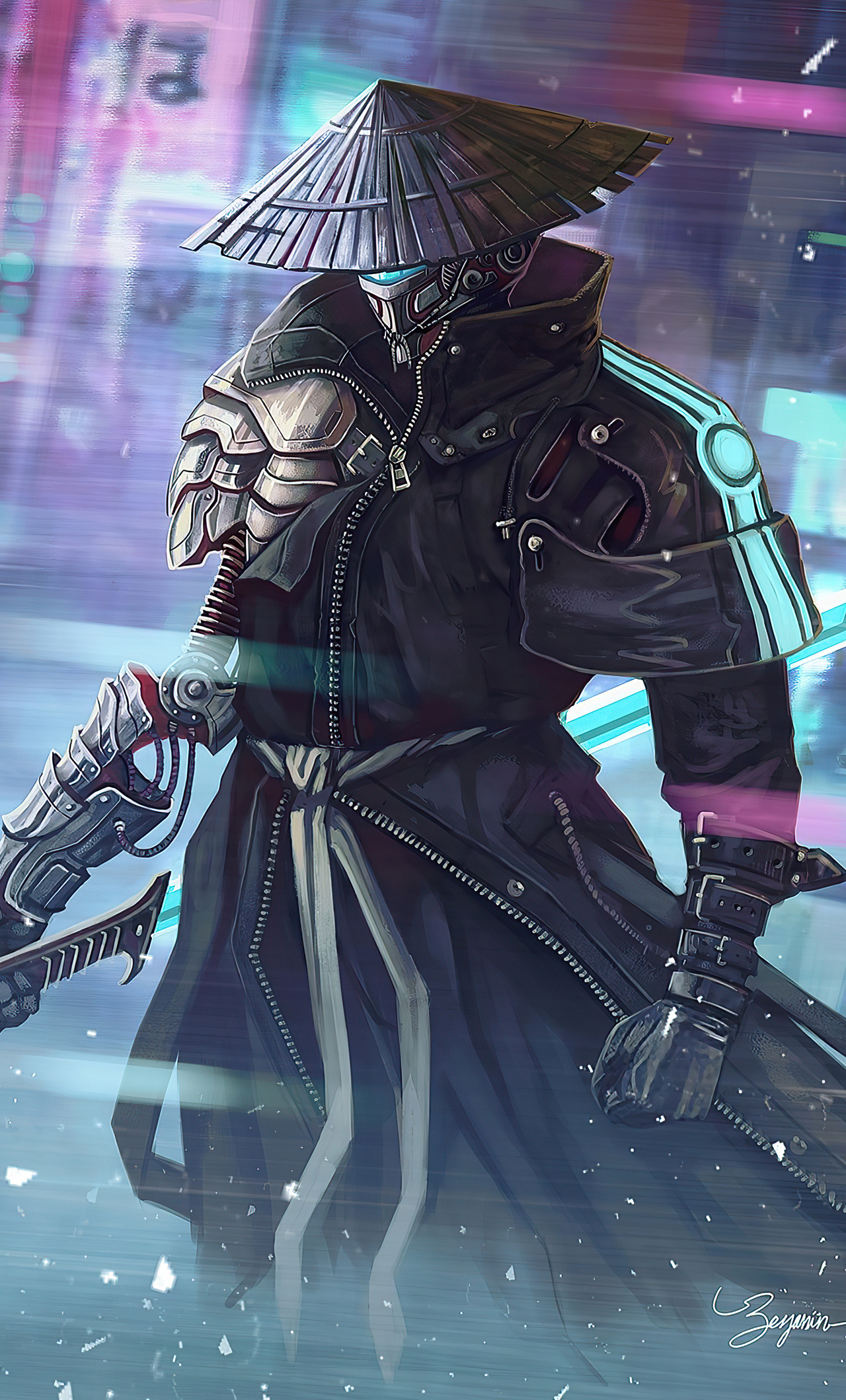 cyberpunk cyborg samurai, conical jingasa hat, neon-lit futuristic city, HD Phone wallpaper