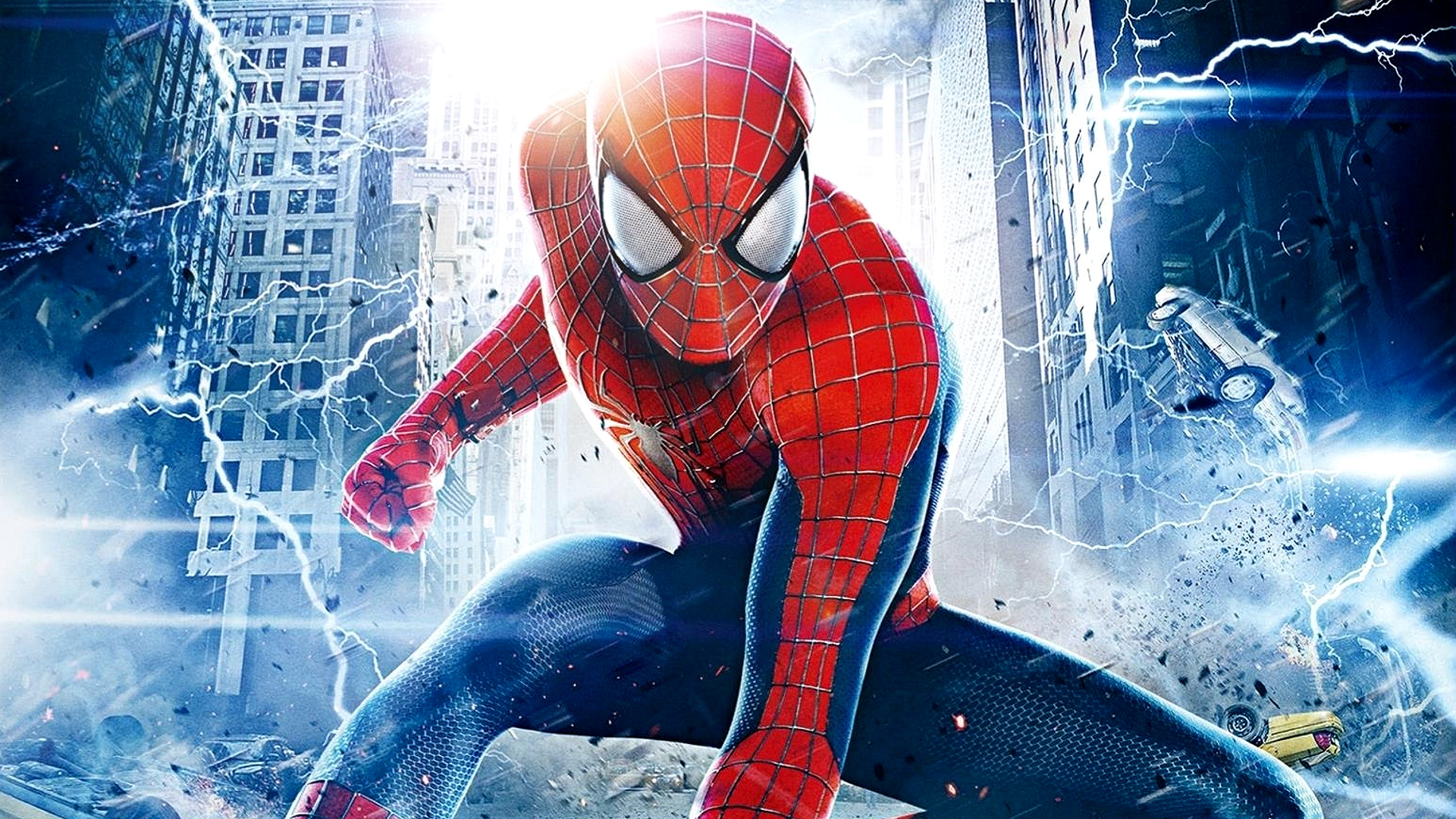 The Amazing Spider-Man, Electro's blue lightning, airborne police car, Full HD Desktop wallpaper