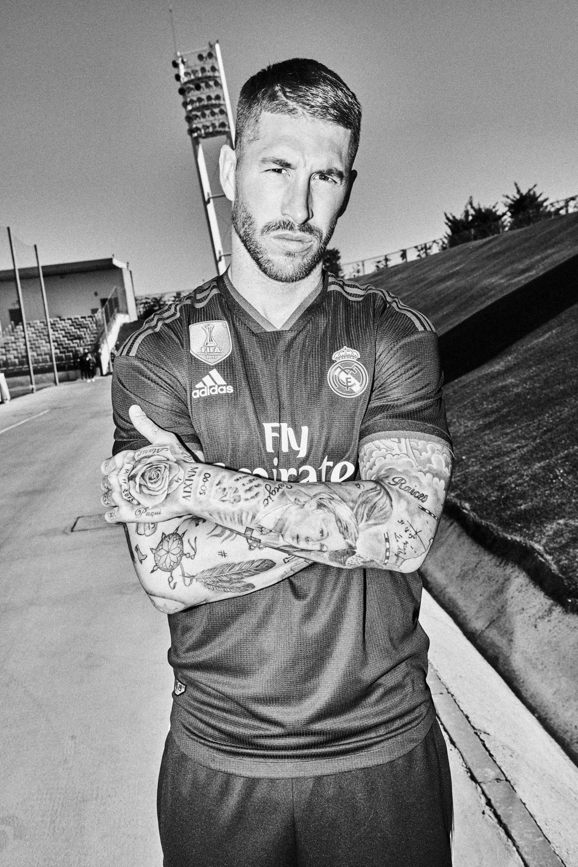 Sergio Ramos, Real Madrid kit, arm sleeve tattoos, HD Phone wallpaper