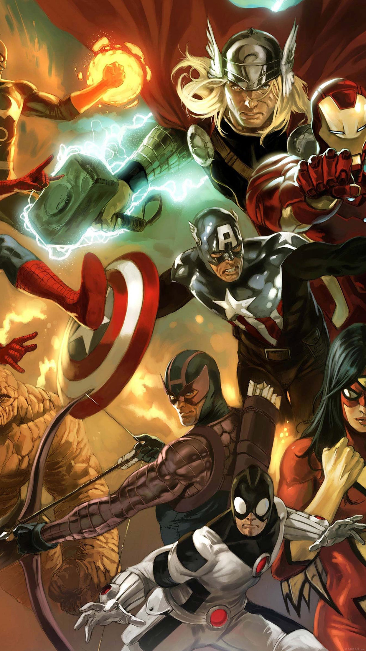 Captain America Bucky Barnes, Thor holding Mjolnir, Iron Man, Hawkeye, Spider-Woman, HD Phone wallpaper