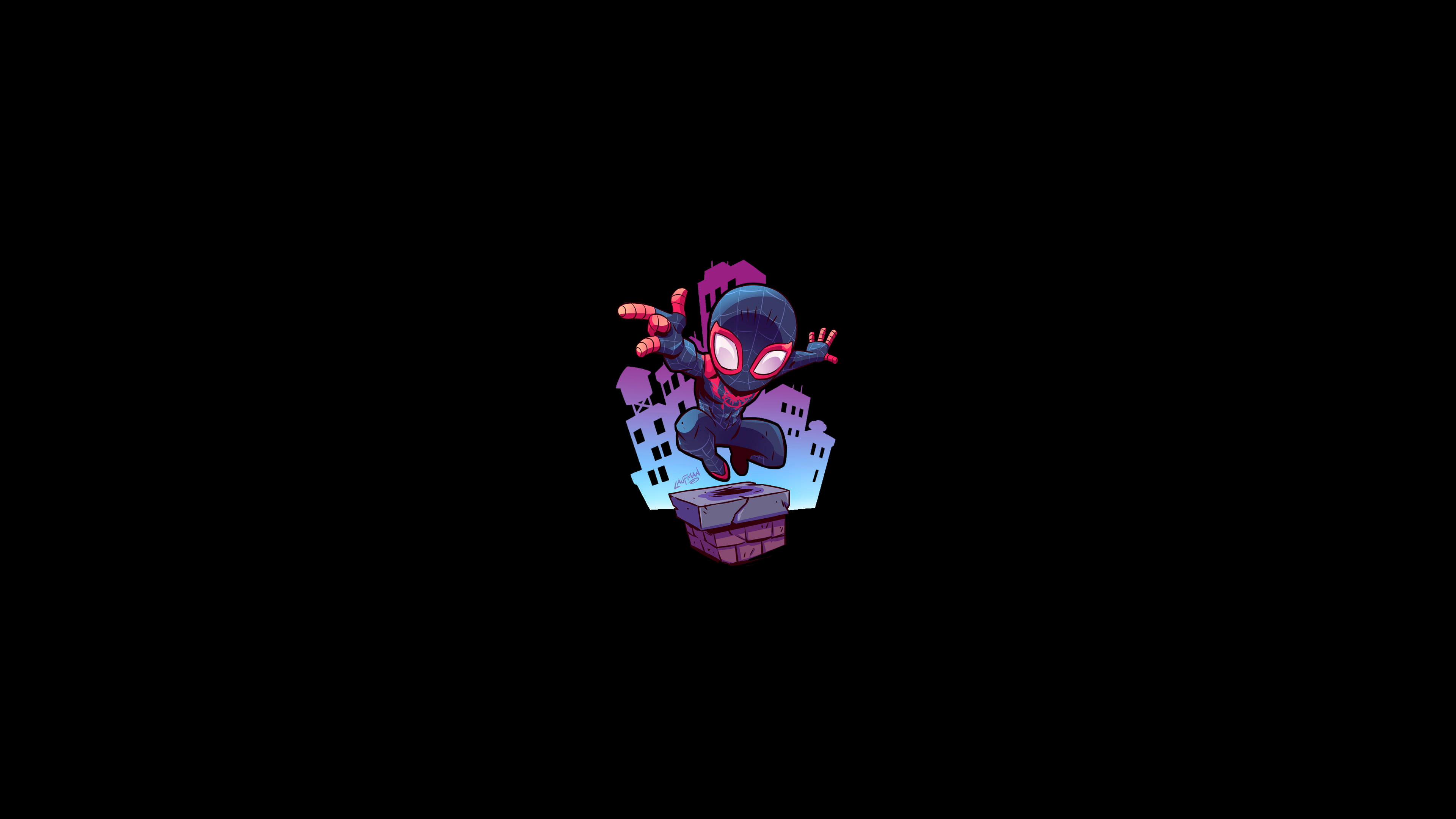 Miles Morales, chibi Spider-Man, brick rooftop chimney, 4K Desktop wallpaper