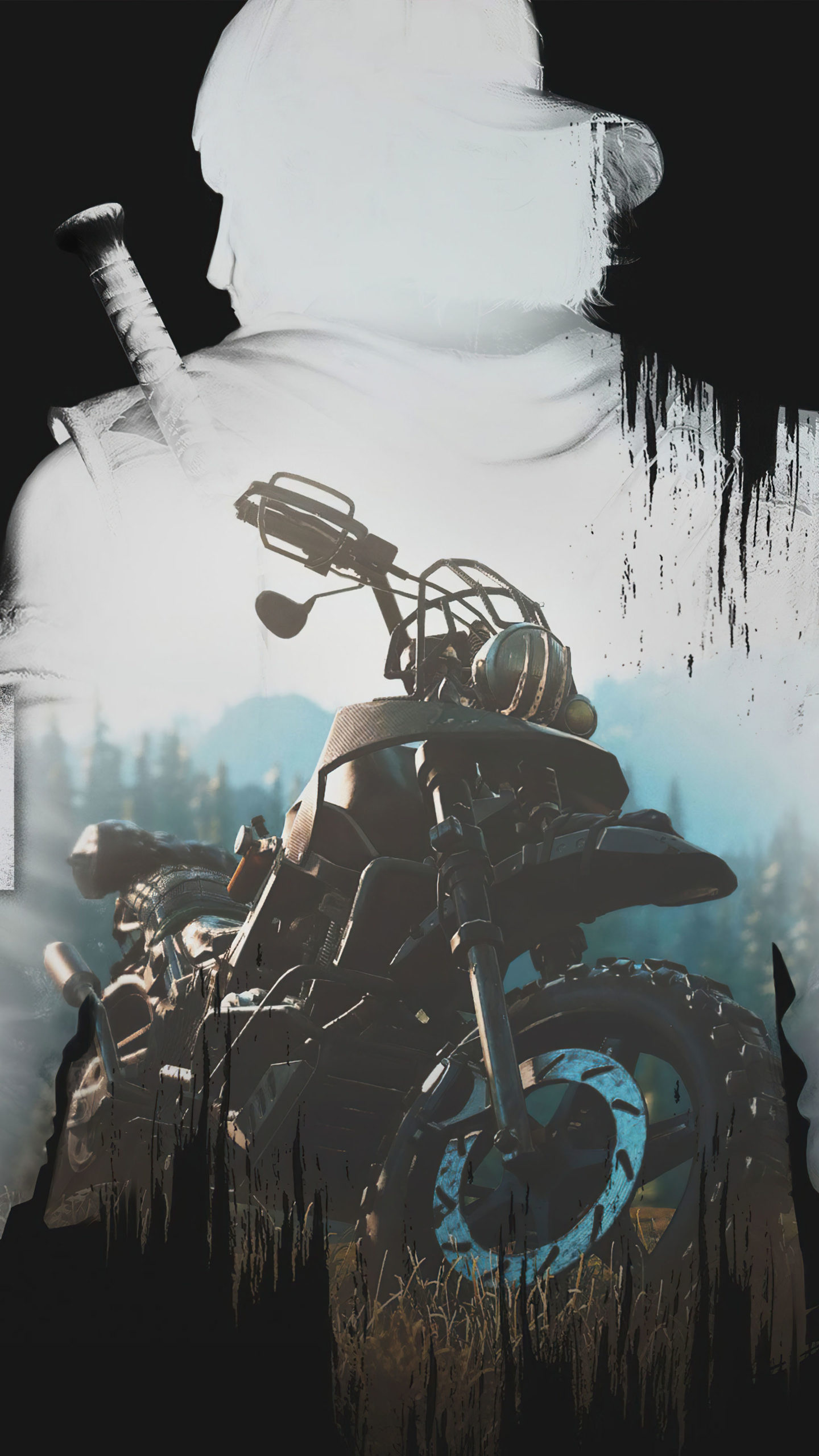 Deacon St. John silhouette, Days Gone drifter bike, double exposure forest landscape, HD Phone wallpaper