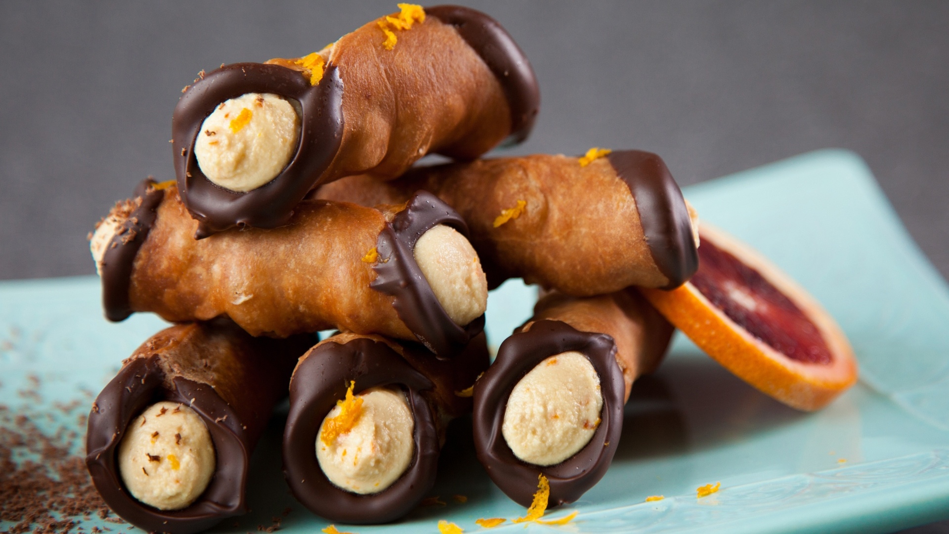 Blood orange cannoli, Cocoa powder ricotta, Blood orange zest, 1920x1080 Full HD Desktop