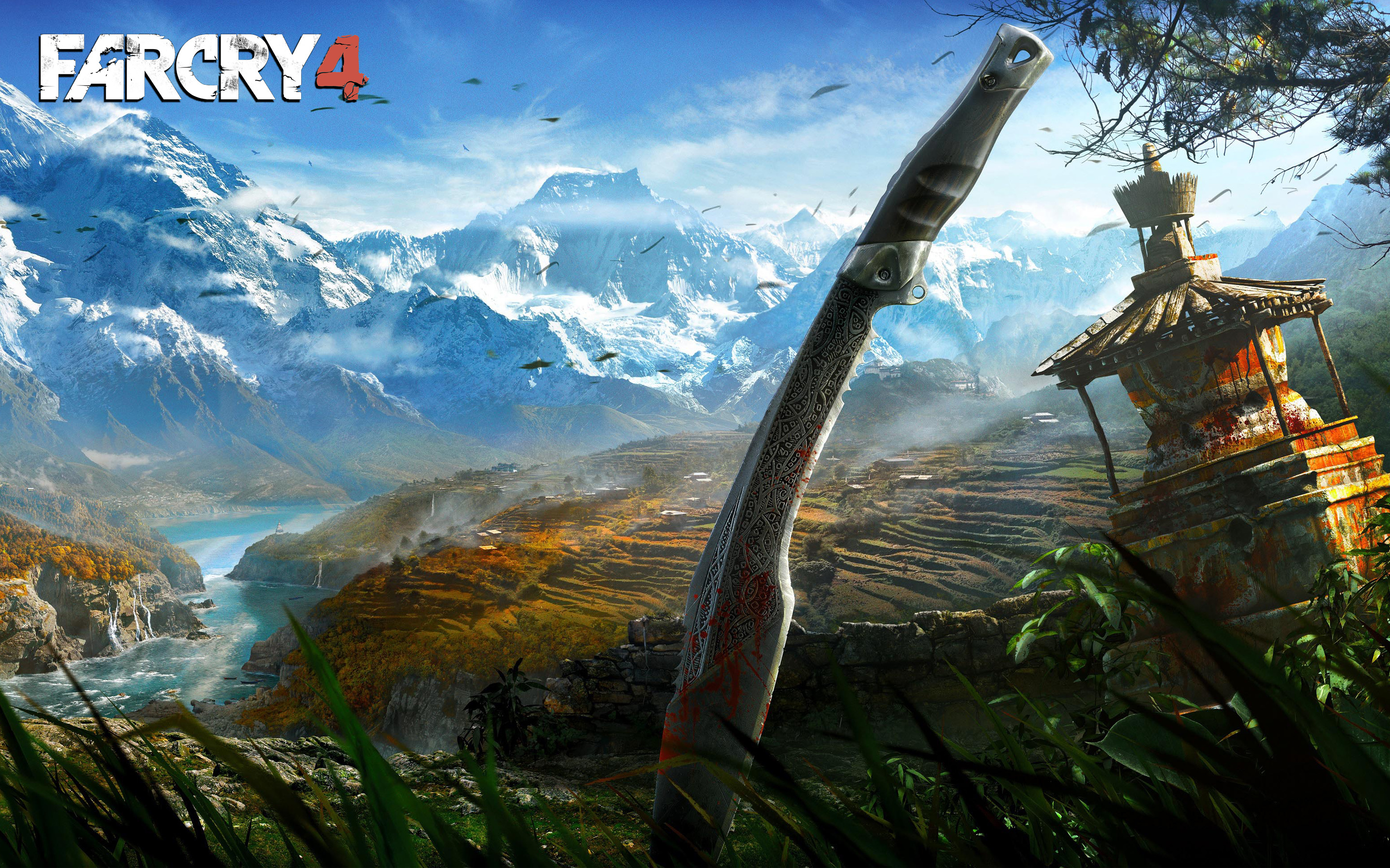 Far Cry 4 logo, Kyrat kukri knife, Himalayan mountain valley, HD Desktop wallpaper