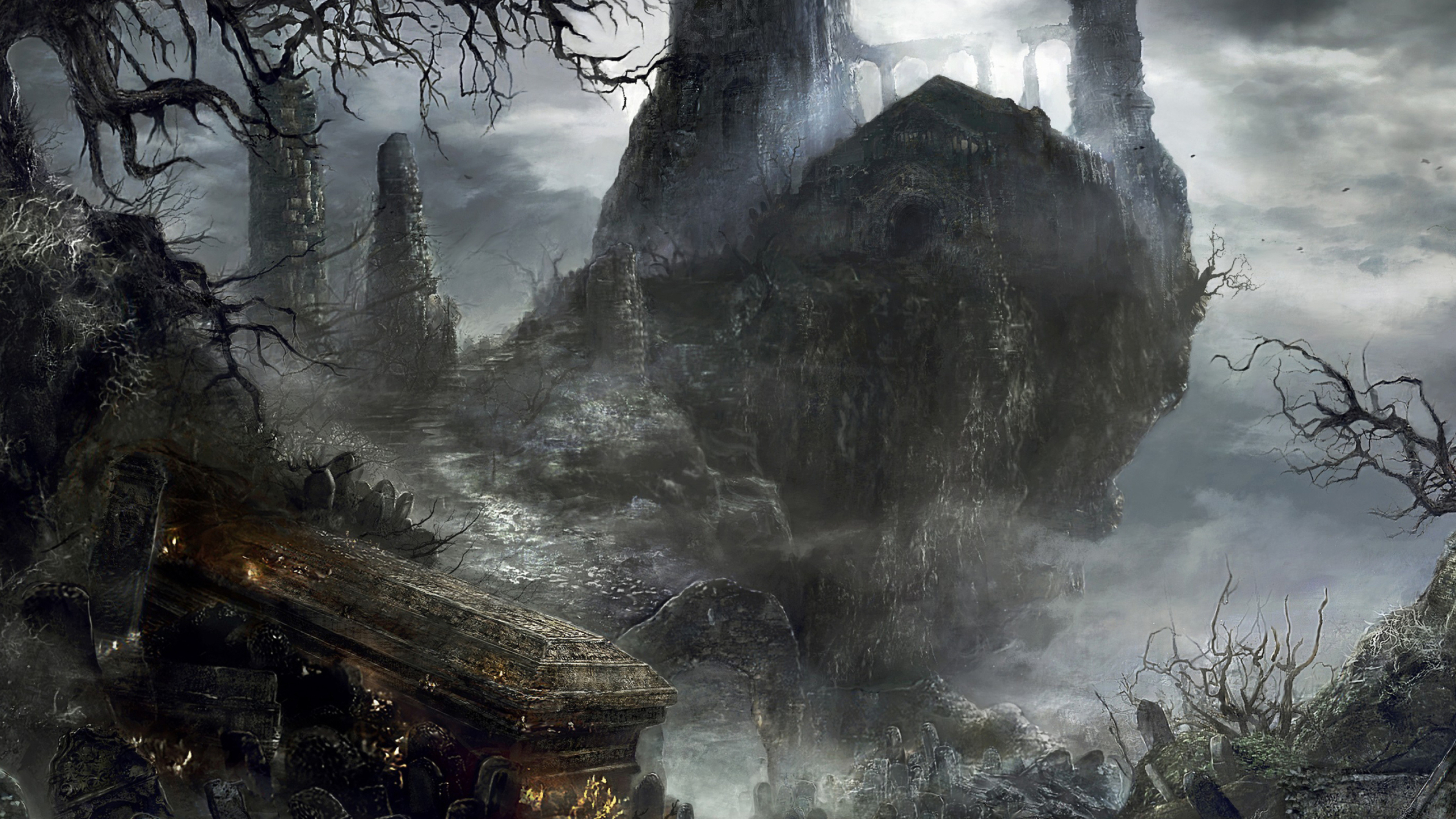 Cemetery of Ash, Firelink Shrine, stone coffin with candles, 4K Desktop wallpaper