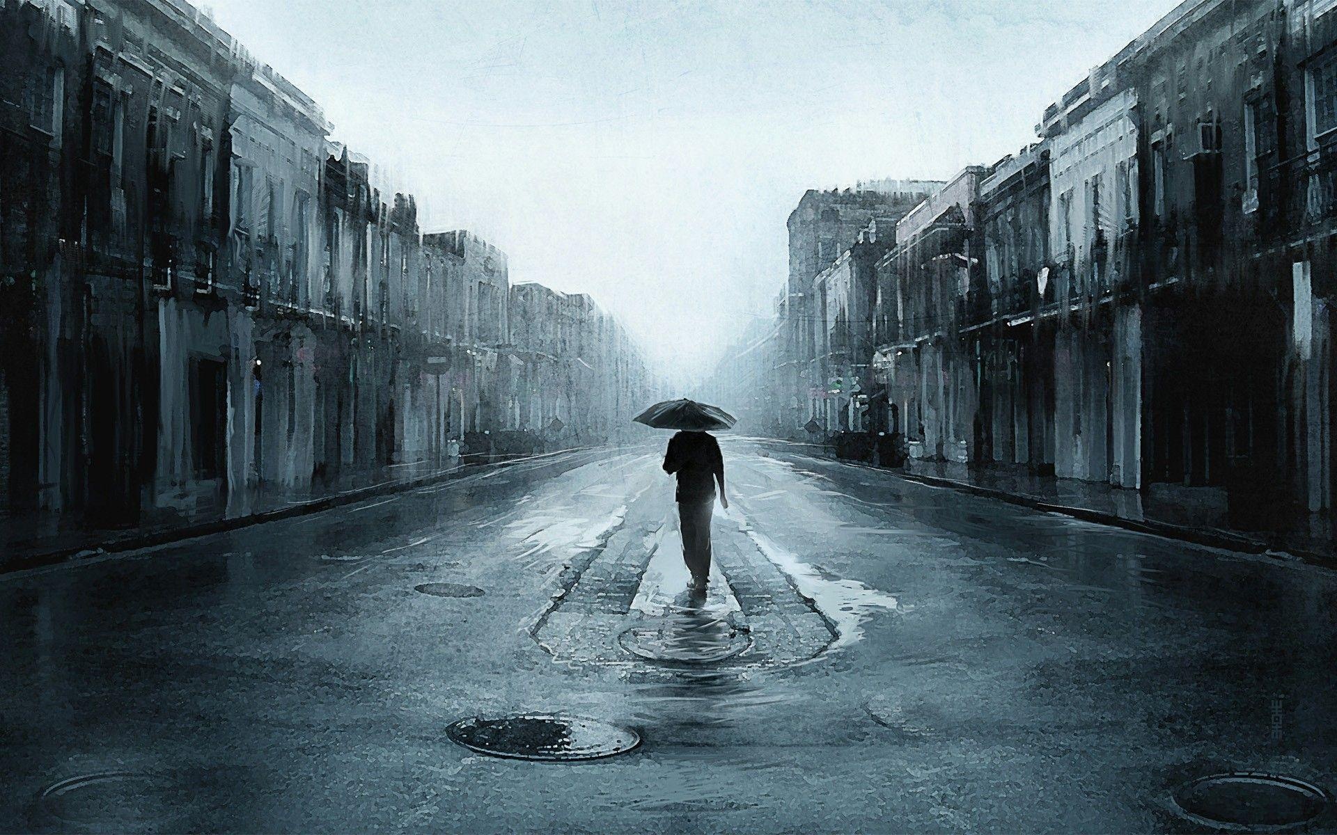 Lone person with umbrella, Rain-soaked deserted street, Moody misty urban architecture, HD Desktop wallpaper
