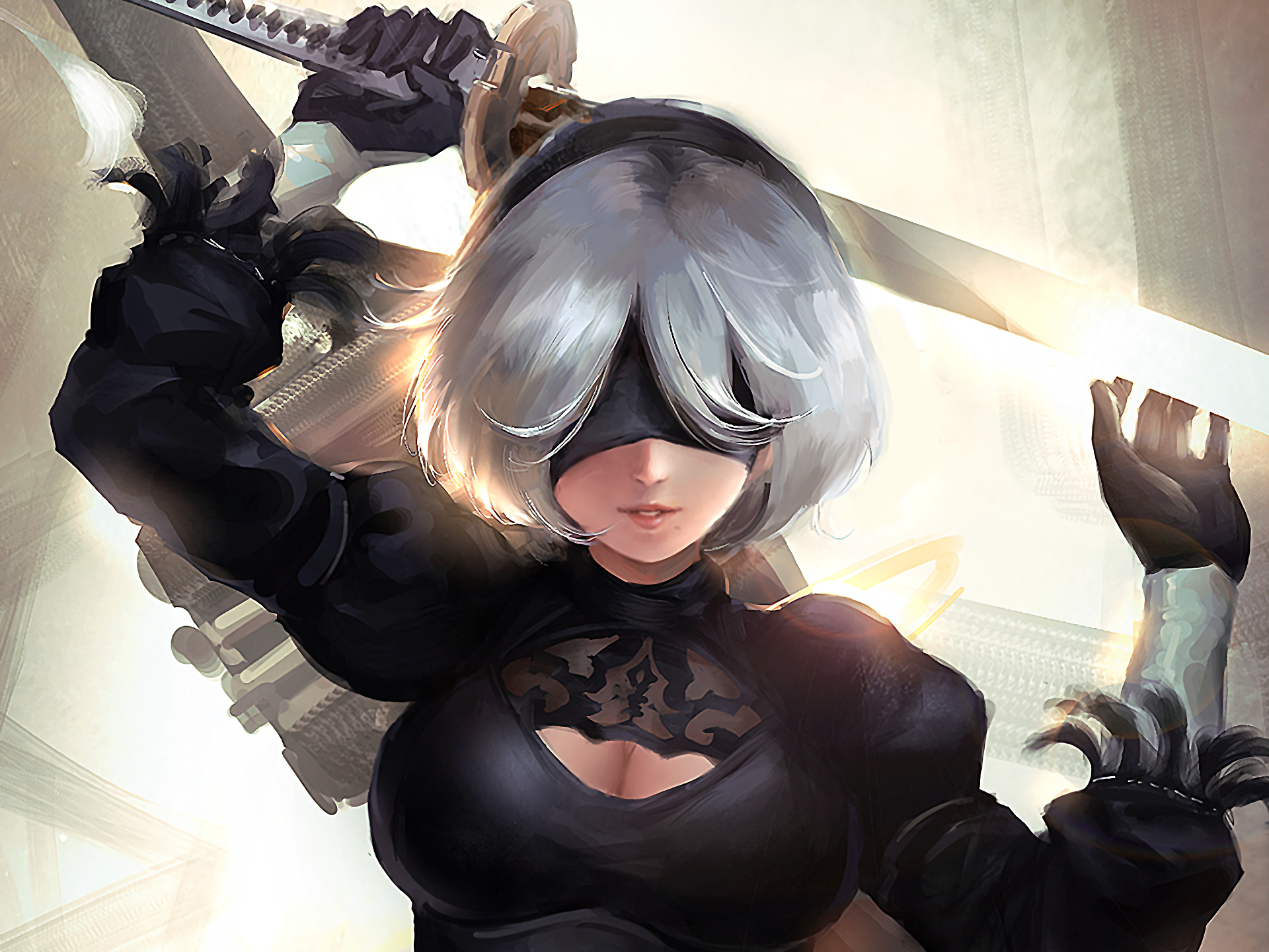 2B NieR:Automata, Virtuous Contract katana, Pod 042 support unit, HD Desktop wallpaper