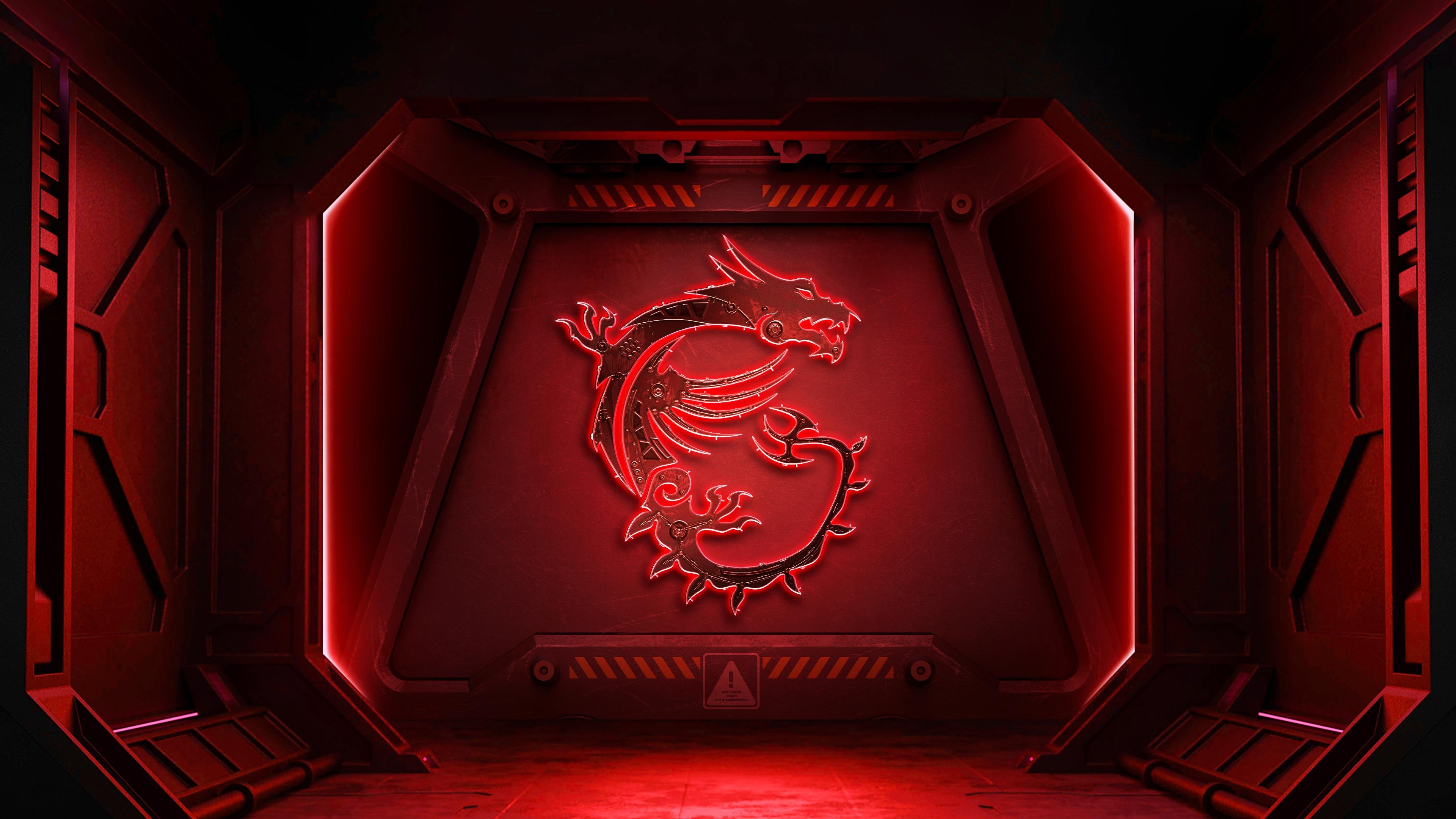 MSI Dragon emblem, sci-fi airlock corridor, red neon lighting, 4K Desktop wallpaper