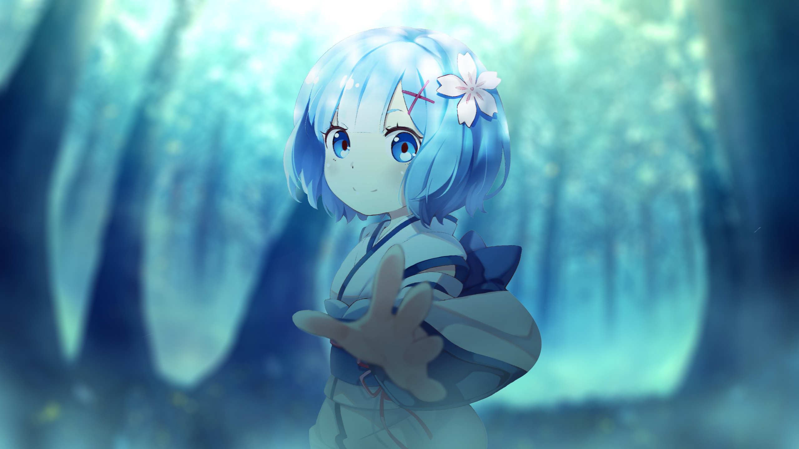Child Rem, Cherry blossom hairpin, Misty blue forest, HD Desktop wallpaper