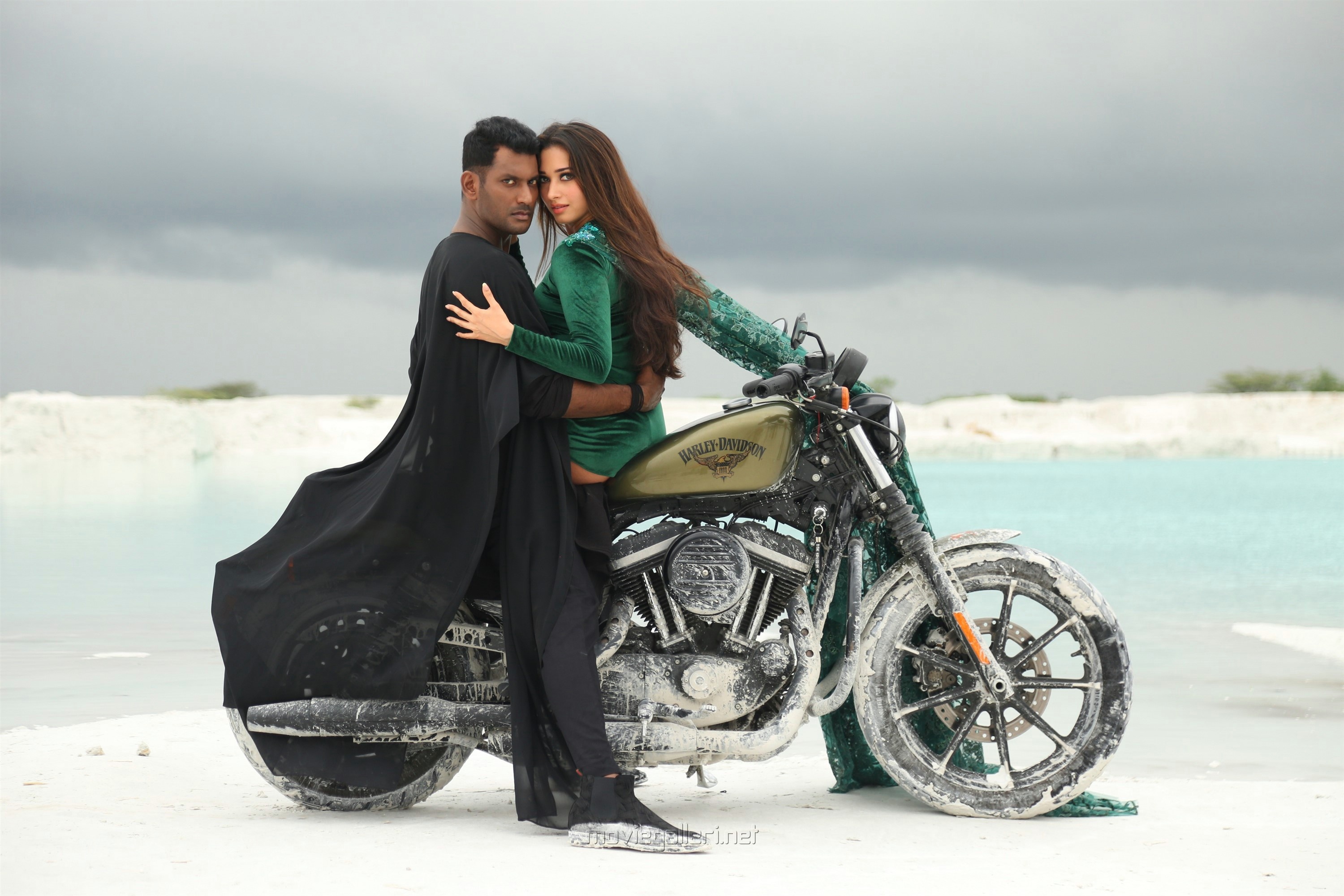 Tamannaah Bhatia, Vishal, Harley-Davidson motorcycle, HD Desktop wallpaper