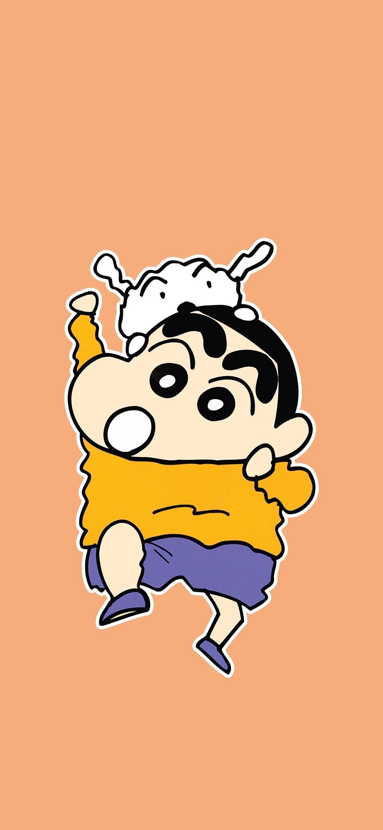 Shinnosuke Nohara, Shiro the dog, peach orange solid background, HD Phone wallpaper