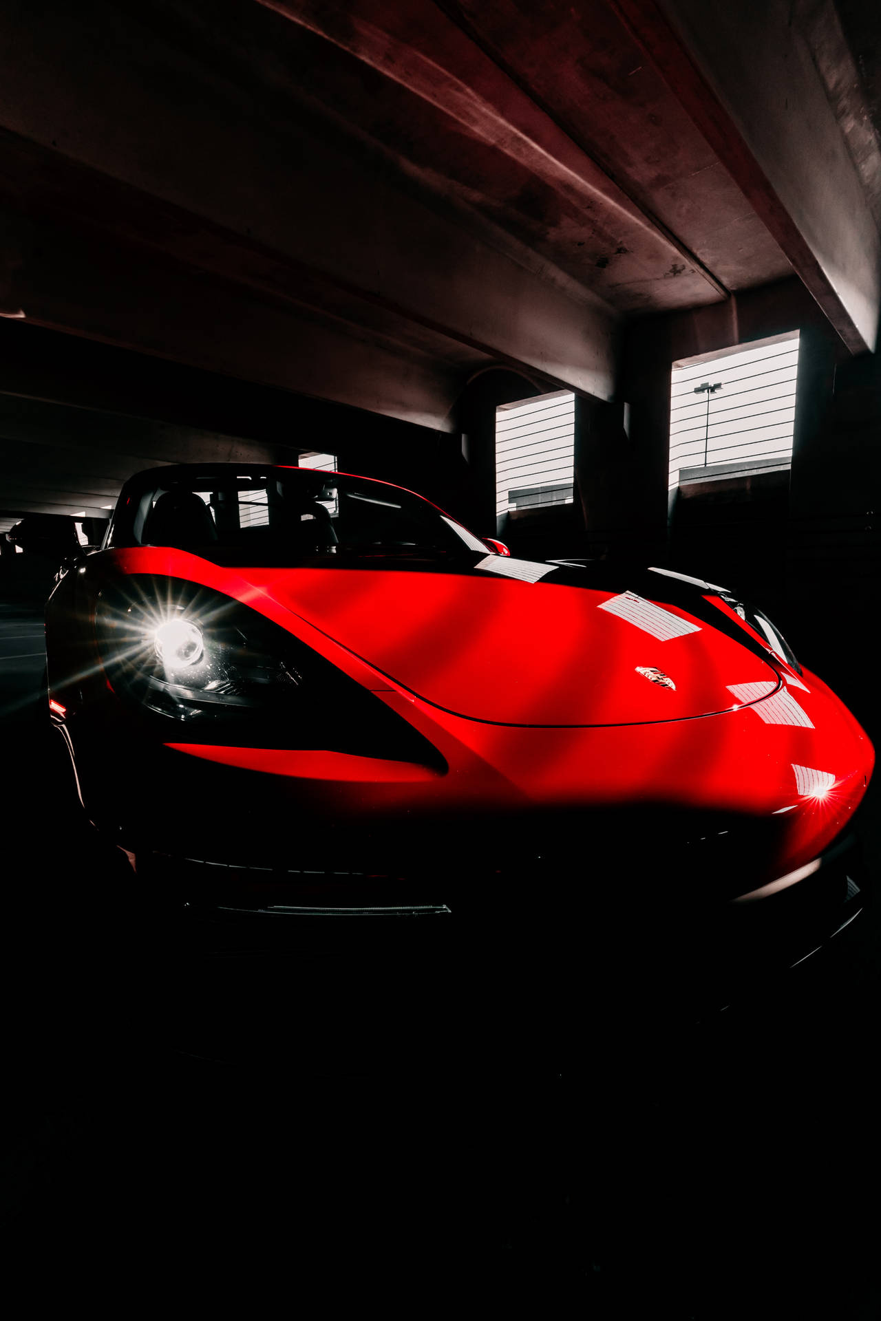 Porsche 718 Cayman, illuminated car headlight, concrete parking garage, HD Phone wallpaper
