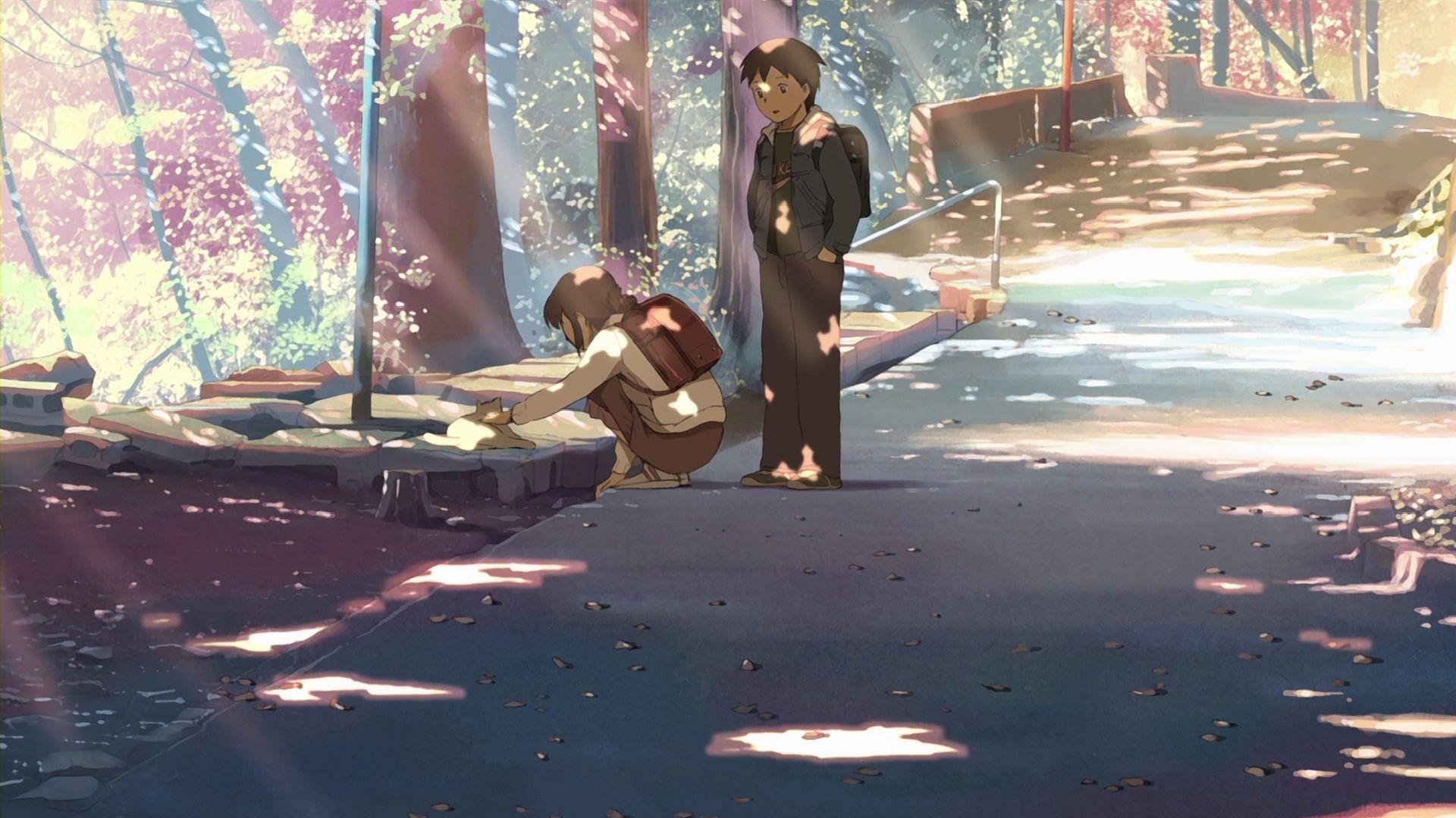 Takaki Tōno, Akari Shinohara, Chobi the cat, Dappled sunlight path, Full HD Desktop wallpaper